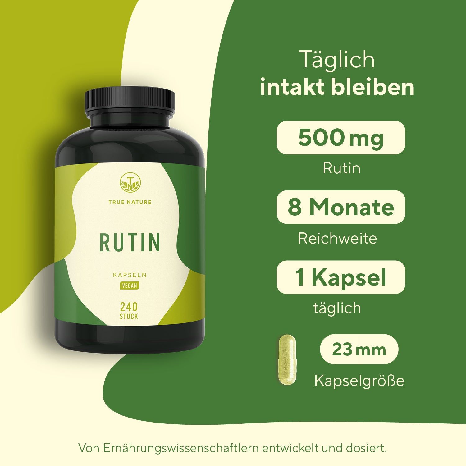Produktflasche neben Infografik. Infografik: 500mg Rutin, 8 Monate Reichweite, 1 Kapsel täglich, 23mm Kapselgröße. Text: Von Ernährungswissenschaftlern entwickelt.