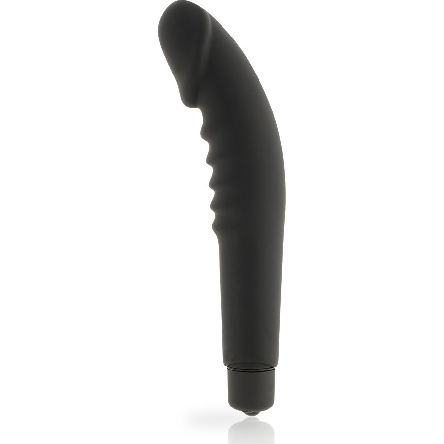 Schwarzer Vibrator aus Silikon mit geriffelter Oberfläche. Gebogene Form mit abgerundeter Spitze.