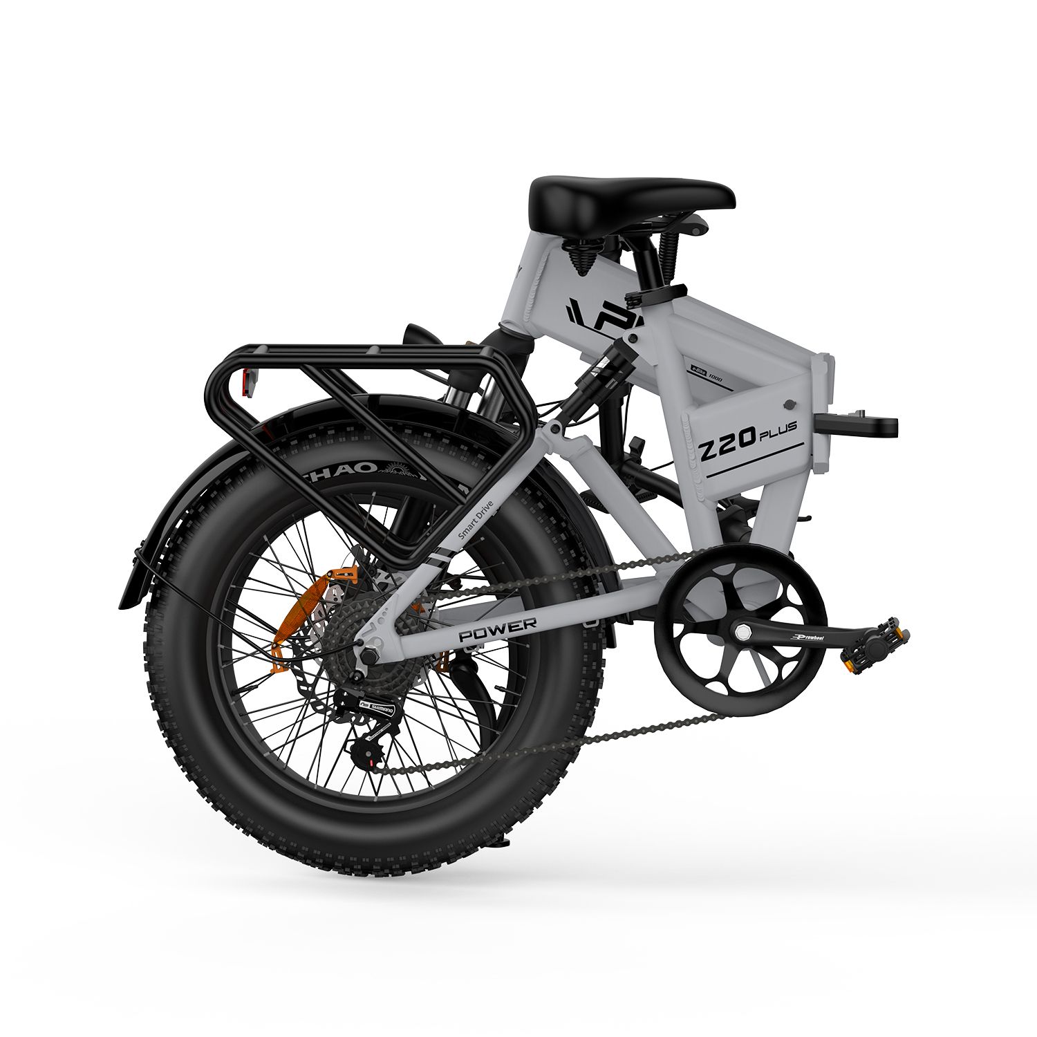 Gefaltetes graues E-Bike mit schwarzen Reifen und Gepäckträger. Aufschrift: PVY Z20 Plus.