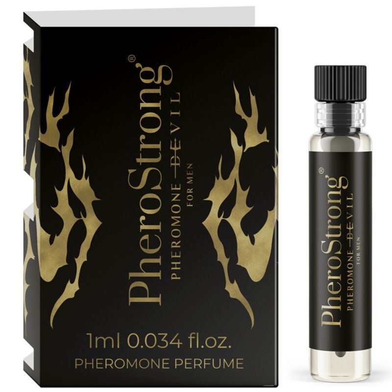 Schwarze Schachtel und Flakon. Aufschrift PheroStrong, Pheromone Devil für Männer. 1ml. Pheromon-Parfüm.