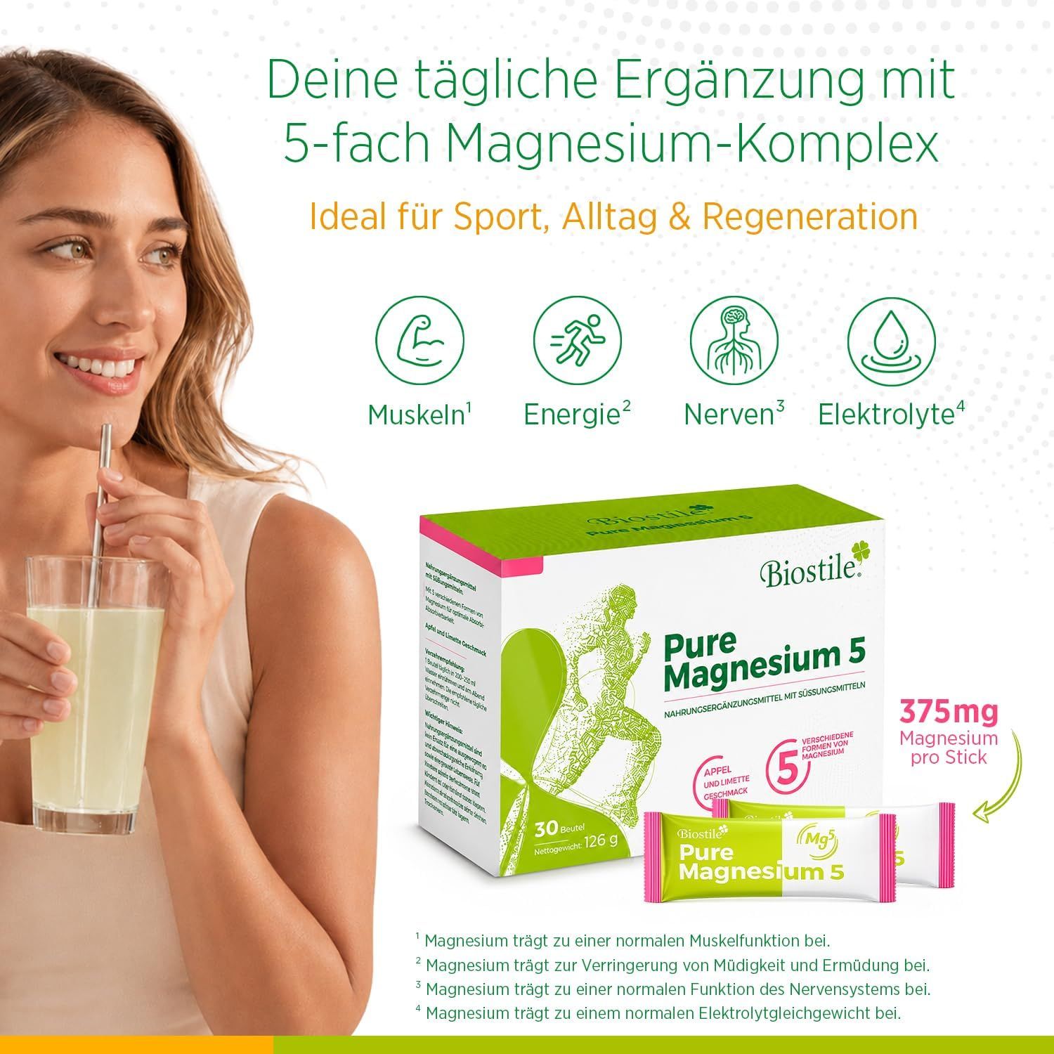 Frau trinkt Biostile Pure Magnesium 5, 375mg pro Stick, mit Icons für Muskeln, Energie, Nerven, Elektrolyte.