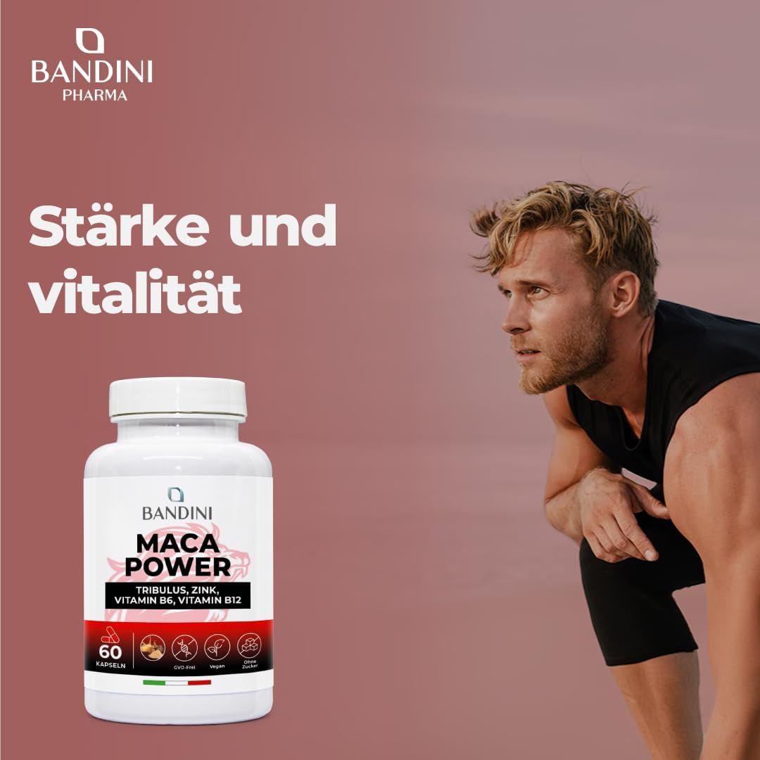 Weiße Flasche mit Bandini Maca Power Kapseln. Aufschrift: Maca Power, Tribulus, Zink, Vitamin B6, Vitamin B12. 60 Kapseln.