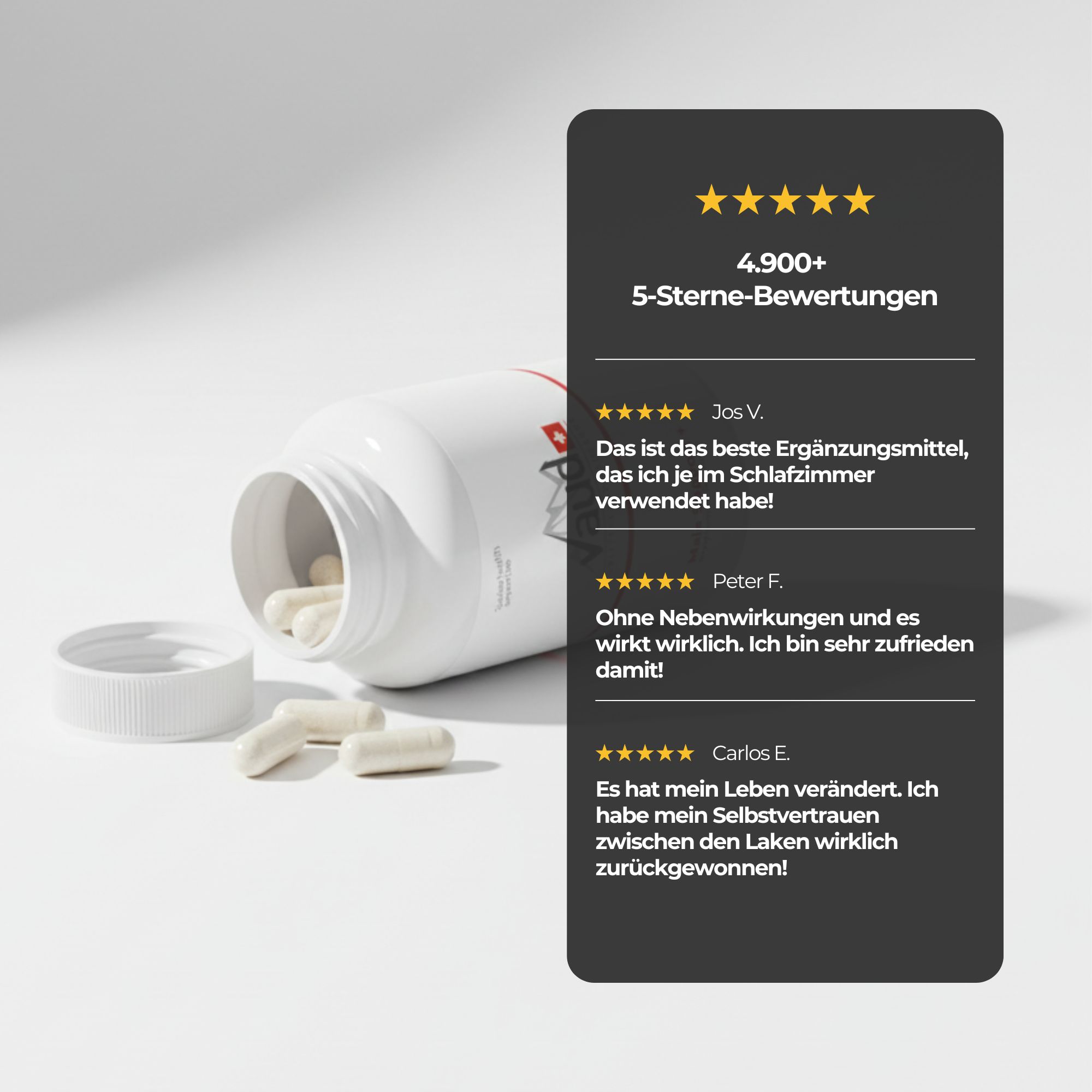 Mann im Bett, Flasche neben ihm. Text: Gibt Männern wieder Selbstvertrauen im Schlafzimmer.