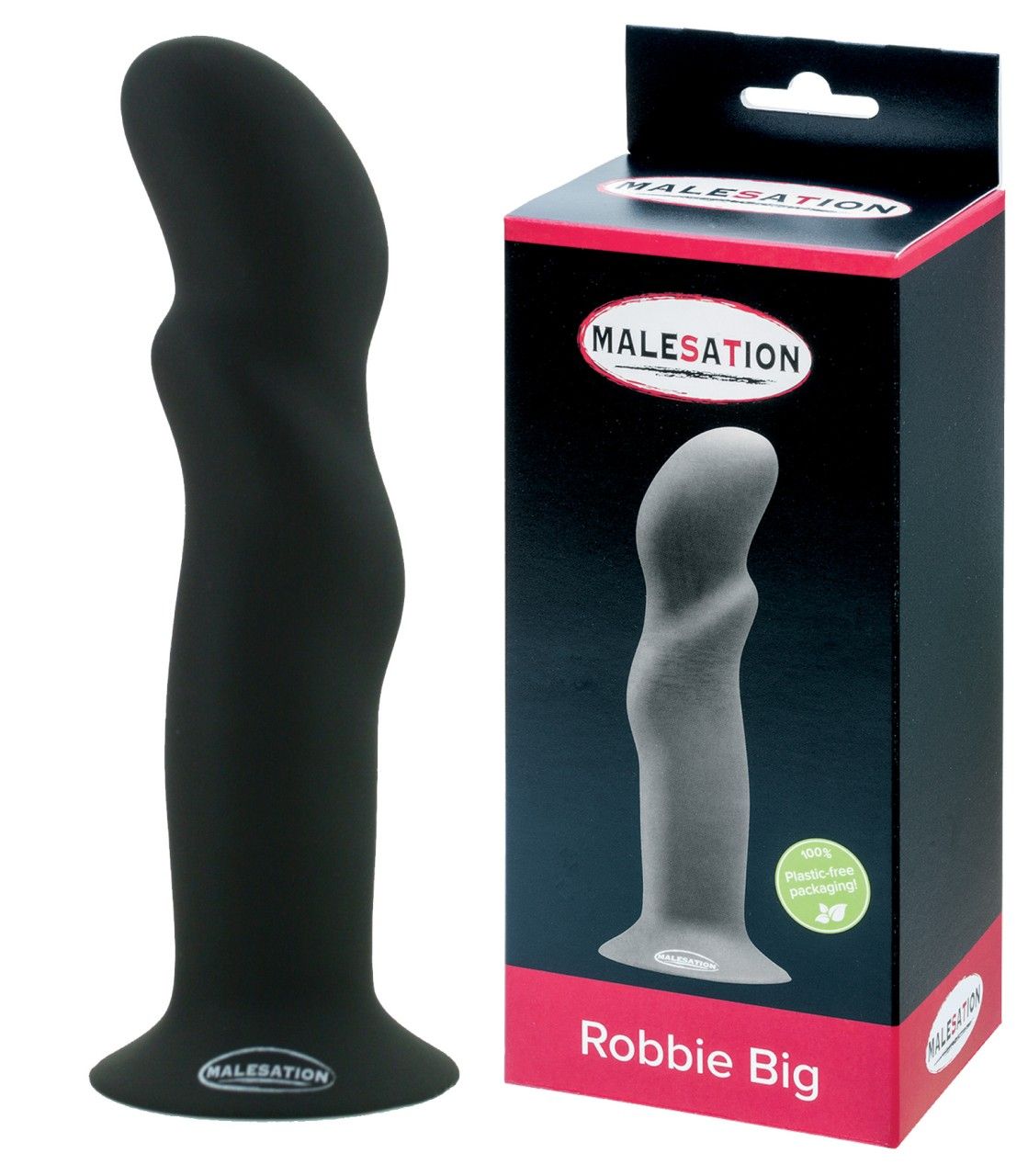 Schwarzer Dildo mit breiter Basis. MALESATION Robbie Big in Verpackung. Produktname und Marke sichtbar.