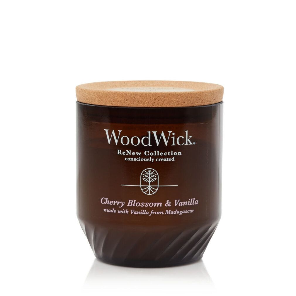 Braunes Glas mit Korkdeckel. Aufschrift: WoodWick, ReNew Collection, Cherry Blossom & Vanilla.