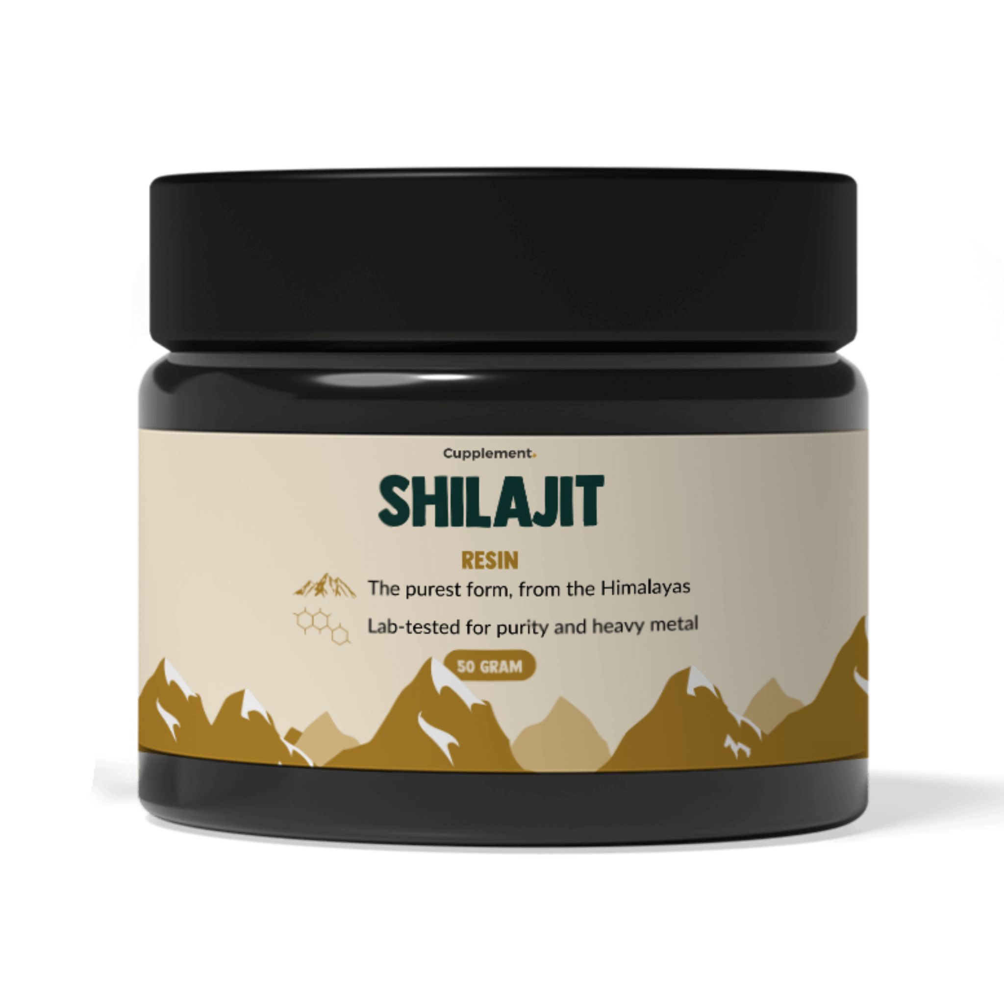 Schwarzes Glas mit Etikett. Aufschrift: Shilajit Resin, 50 Gramm. Reinste Form aus dem Himalaya.