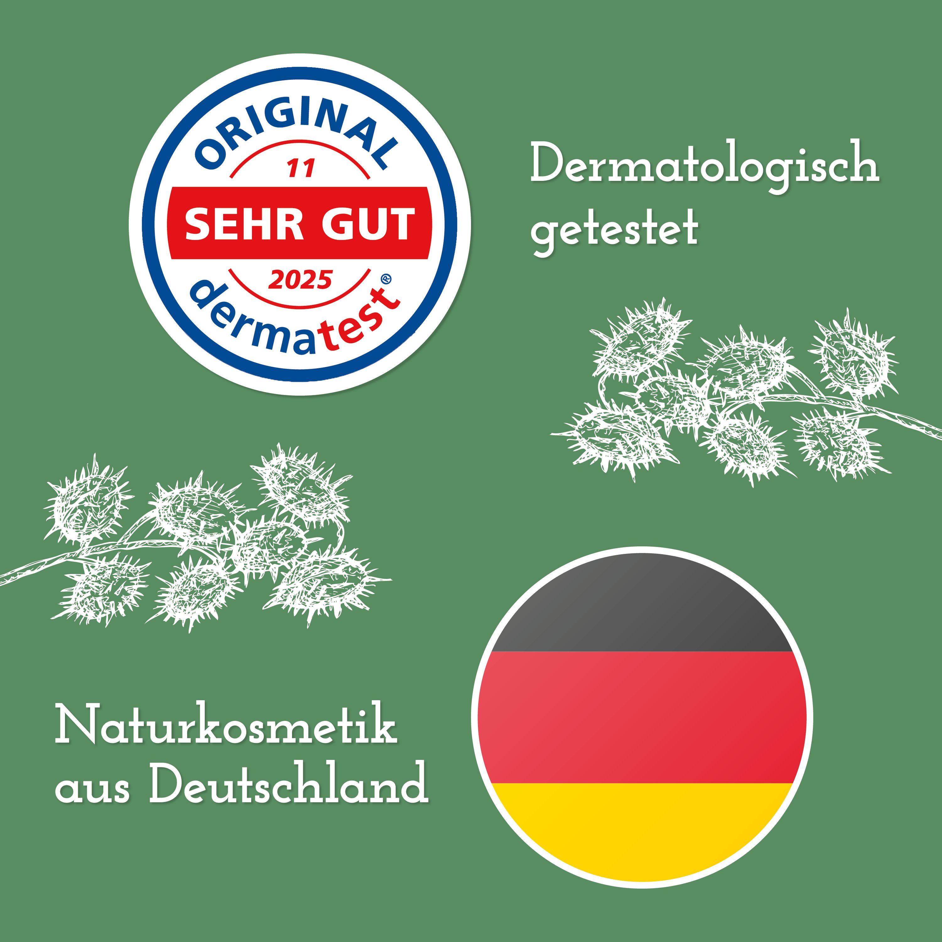 Grafik mit Logos und Text. Dermatest-Siegel, Naturkosmetik aus Deutschland. Illustrationen von Pflanzen.