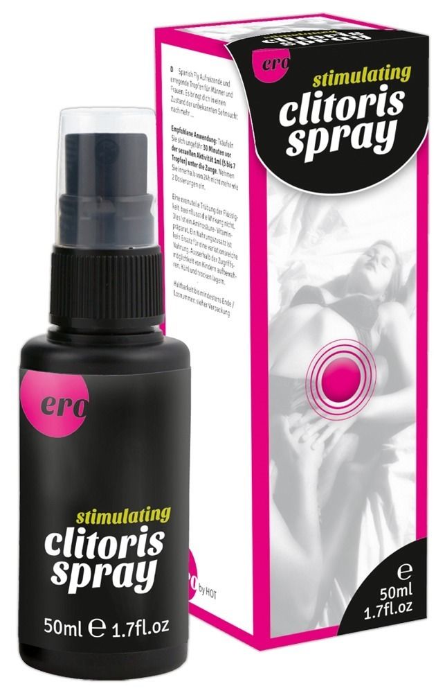 Produkt und Verpackung. Text: stimulating clitoris spray. 50ml. Pinkes Logo. Frau im Hintergrund. Sprühflasche.