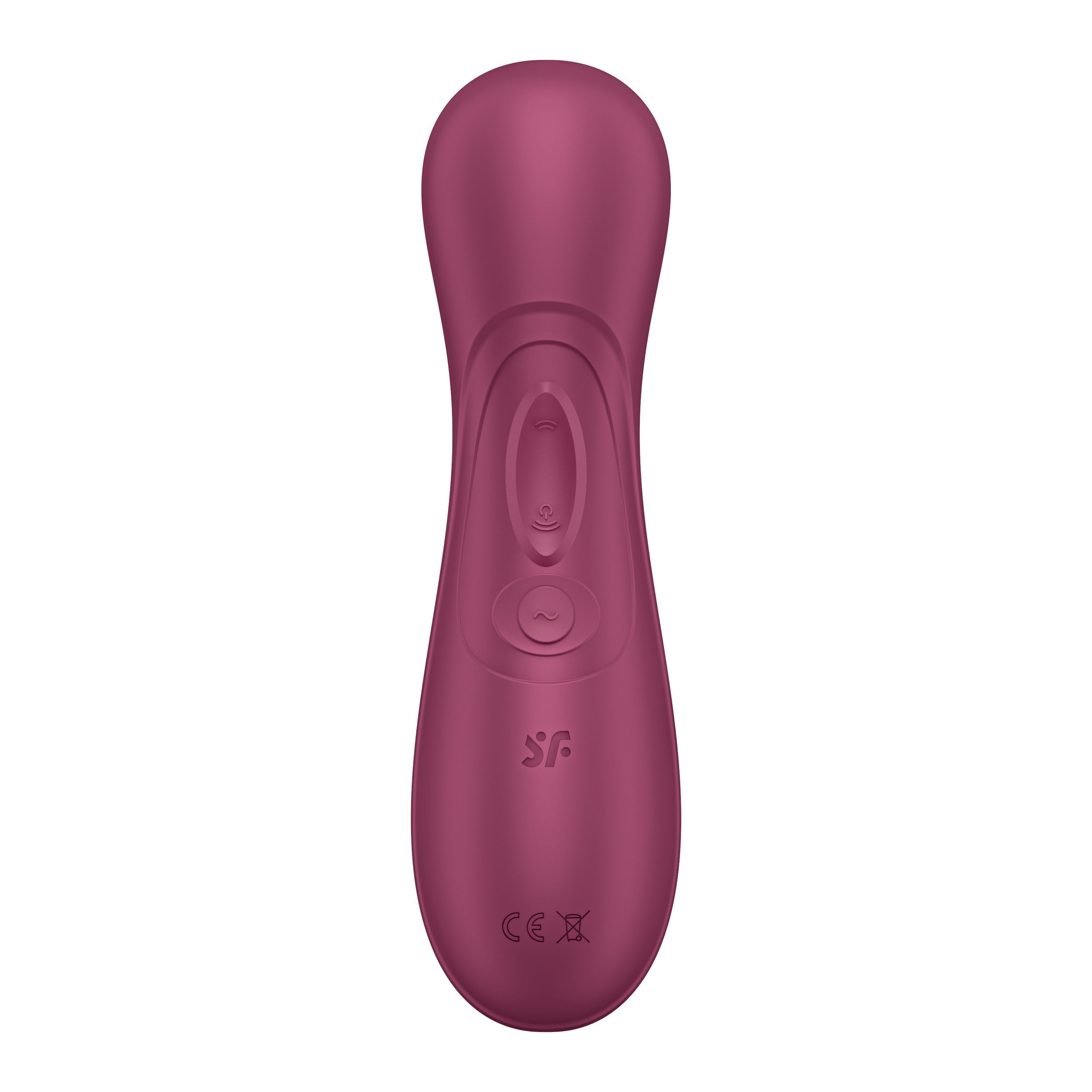 Paars apparaat met knoppen en logo. Vorm: ergonomisch. Merk: Satisfyer.