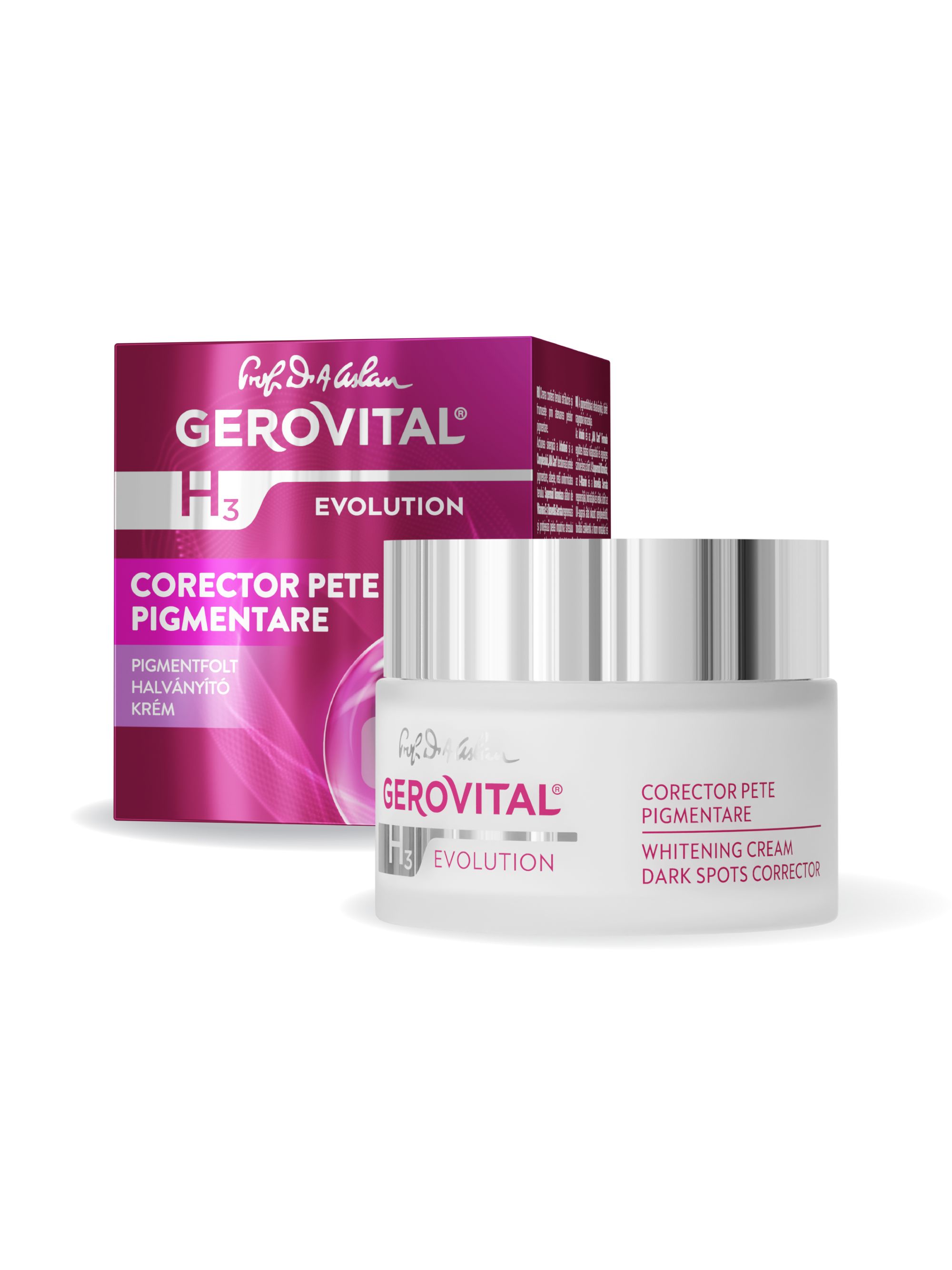 Creme-Tiegel und Schachtel. Aufschrift: Gerovital H3 Evolution, Corrector Pete Pigmentare, Whitening Cream, Dark Spots Corrector.