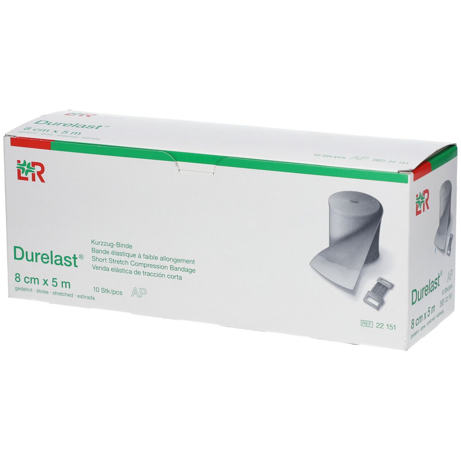 Verpackung von Durelast® 8 cm x 5 m. Kurzzug-Binde, 10 Stück. Aufgerolltes Band und Verschluss.