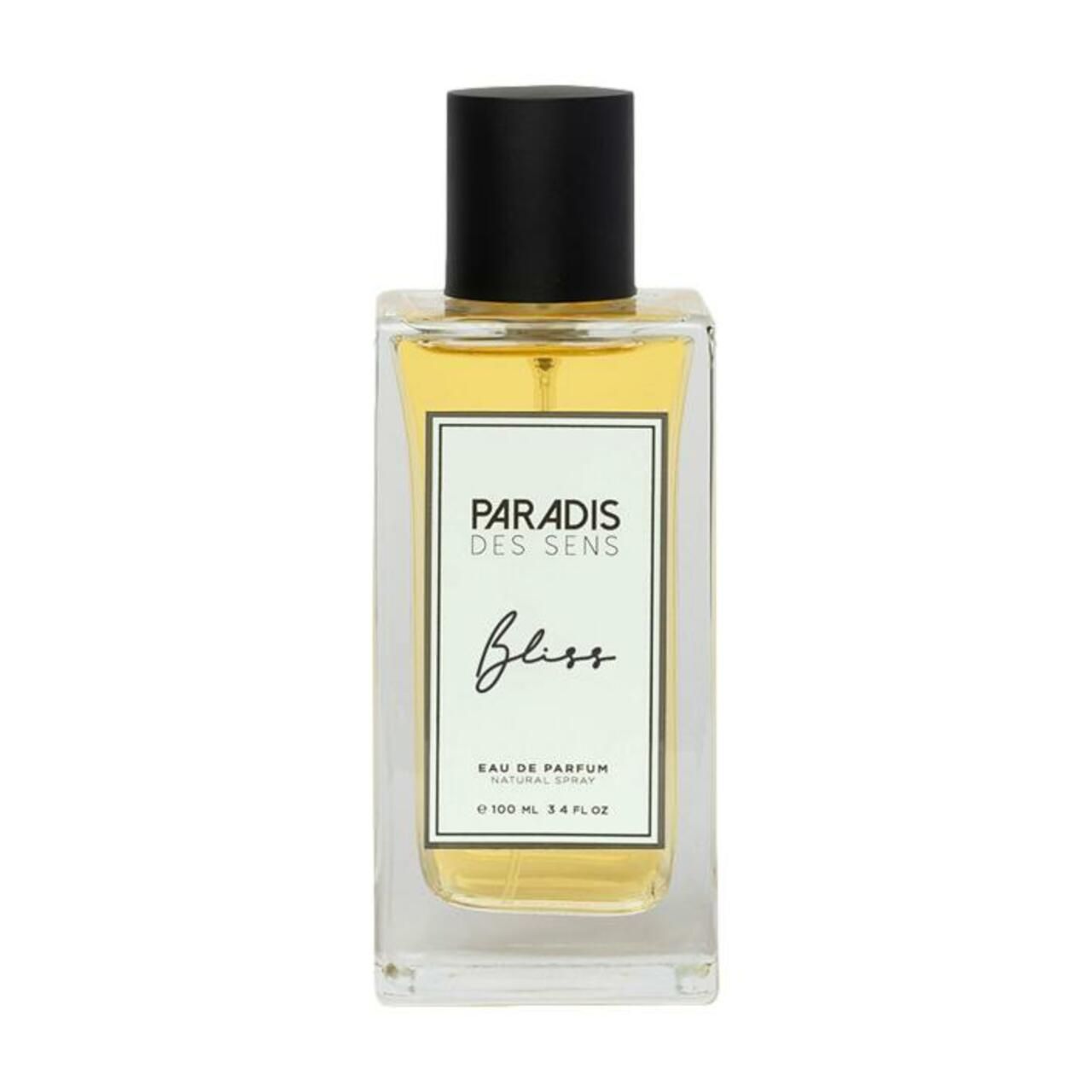 Rechteckige Glasflasche mit schwarzem Deckel. Etikett mit "PARADIS DES SENS", "Bliss" und "EAU DE PARFUM".