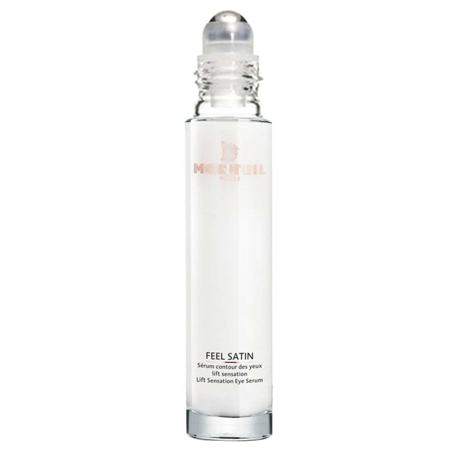 Monteil Feel Satin Augen Serum Roll-on. Weiße, zylindrische Flasche mit Roll-on-Applikator. Text: Feel Satin, Serum contour des yeux, Lift sensation, Lift Sensation Eye Serum.