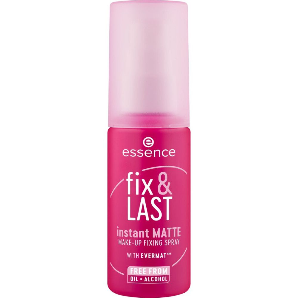 Rosa Make-up Fixierspray-Flasche mit rosa Kappe. Text: Fix & Last, Instant Matte, Make-up Fixing Spray.