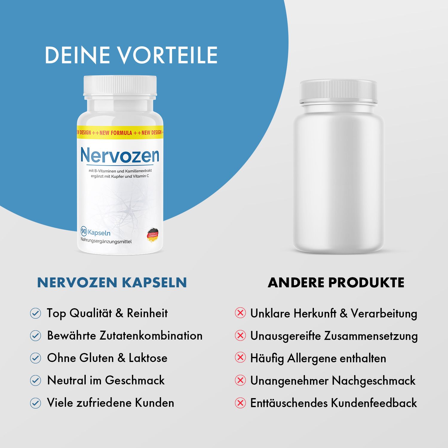 Vergleich Nervozen Kapseln und andere Produkte. Nervozen: Top Qualität, ohne Gluten & Laktose. Andere: Unklare Herkunft, Allergene.