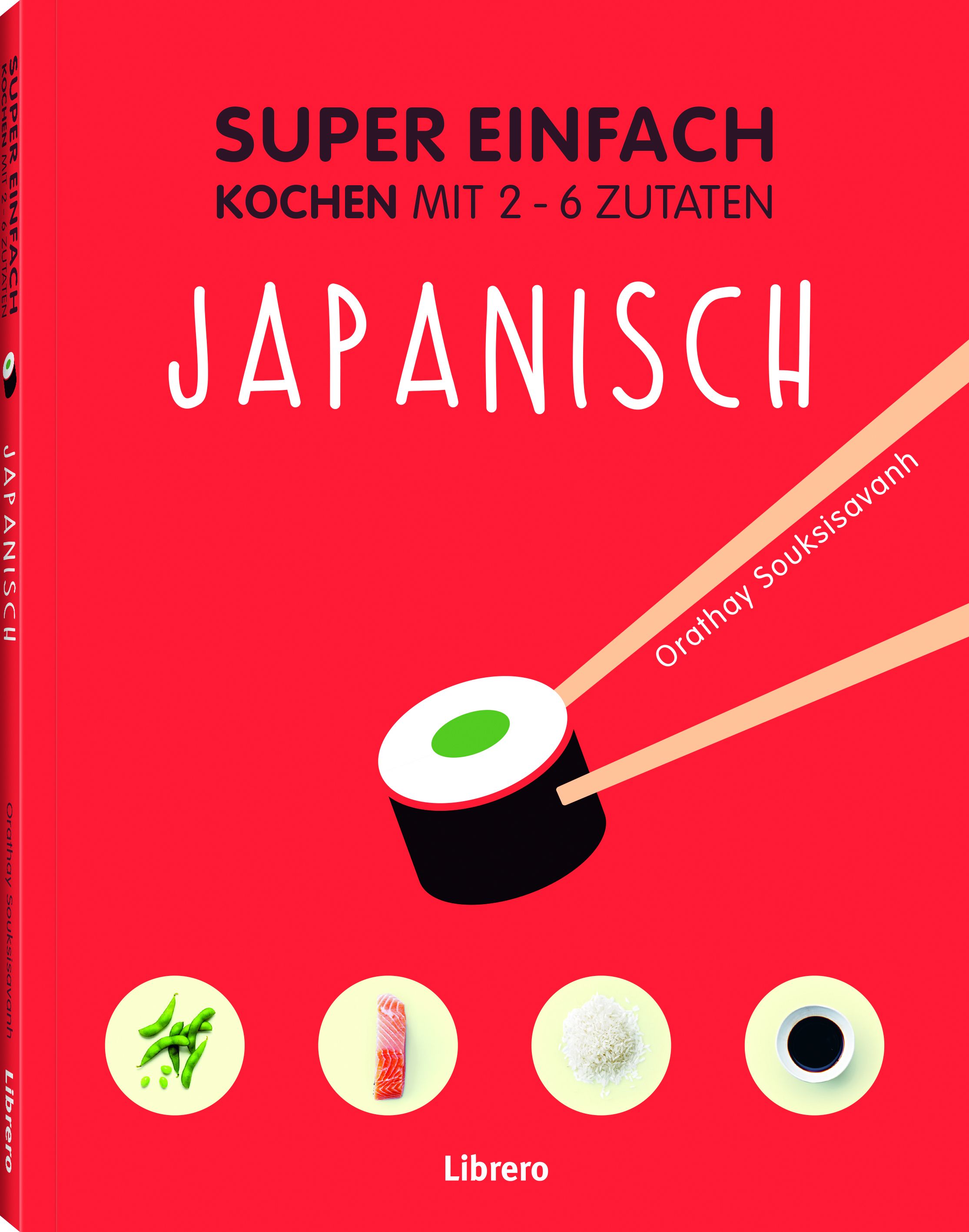 Buchcover mit rotem Hintergrund. Titel: Super Einfach Japanisch. Abgebildet sind Sushi, Stäbchen und Zutaten.