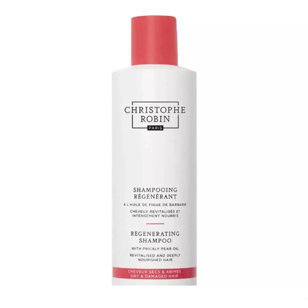 Weiße Flasche mit rotem Verschluss. Text: Christophe Robin, Shampooing Régénérant, Regenerating Shampoo. Für trockenes, geschädigtes Haar.