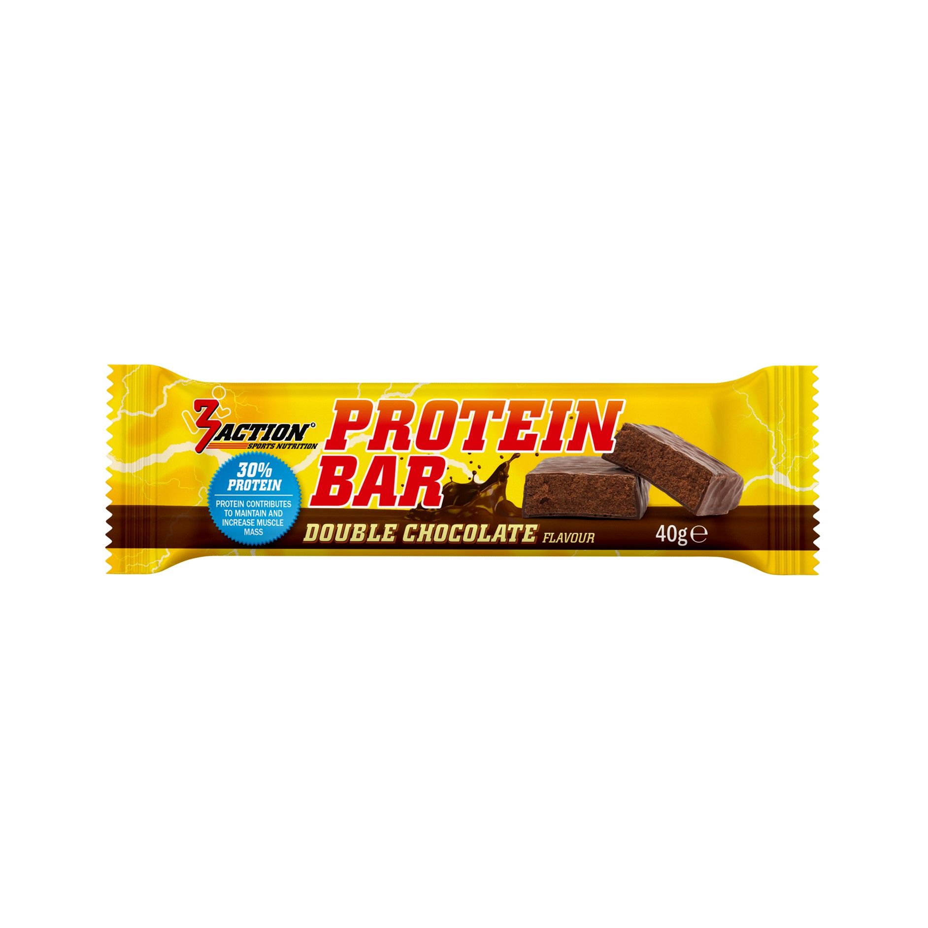 Proteinriegel in gelber Verpackung. Aufdruck: 3Action, Protein Bar, Double Chocolate, 40g. 30% Protein-Logo.