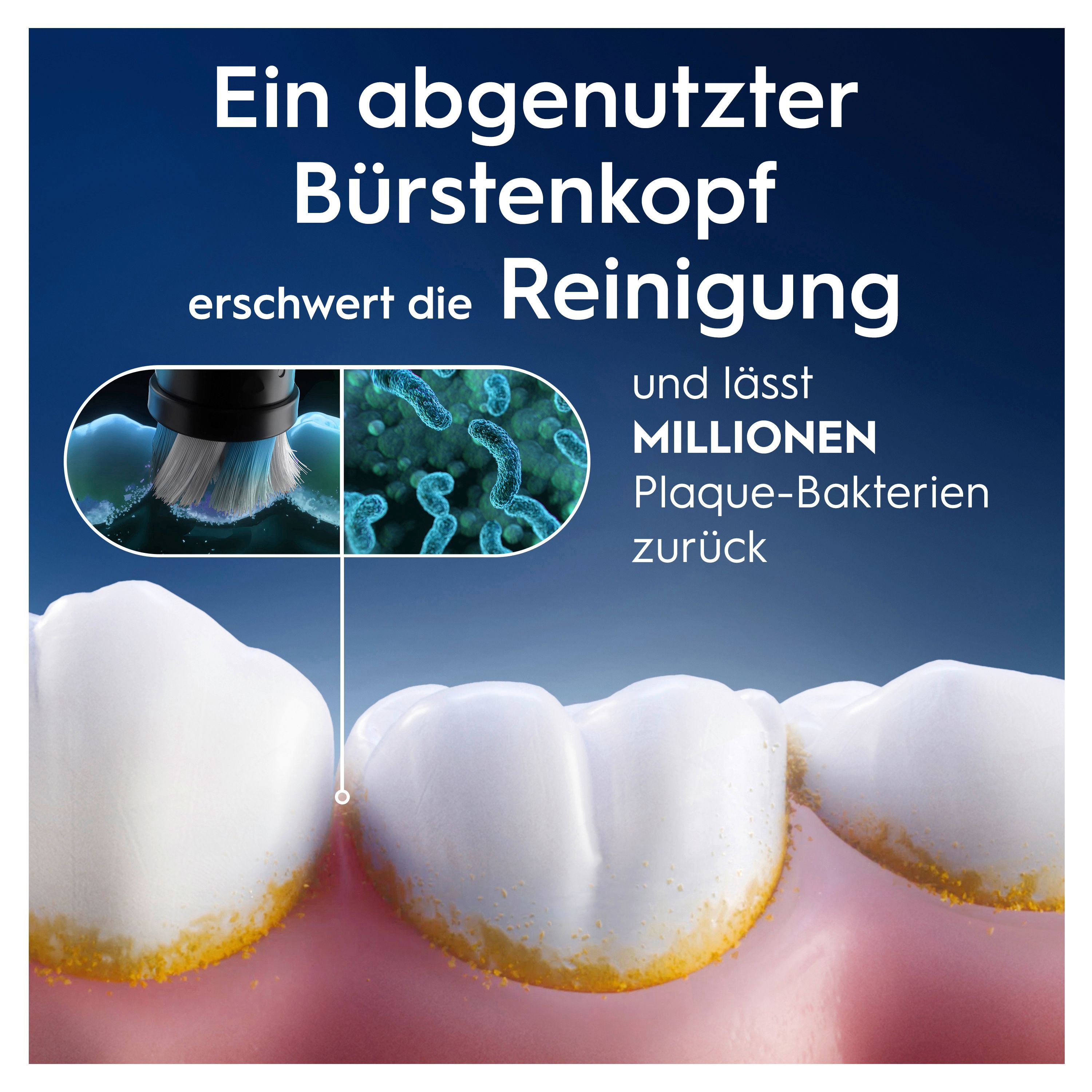 Zähne mit Bürstenkopf. Text: Ein abgenutzter Bürstenkopf erschwert die Reinigung.