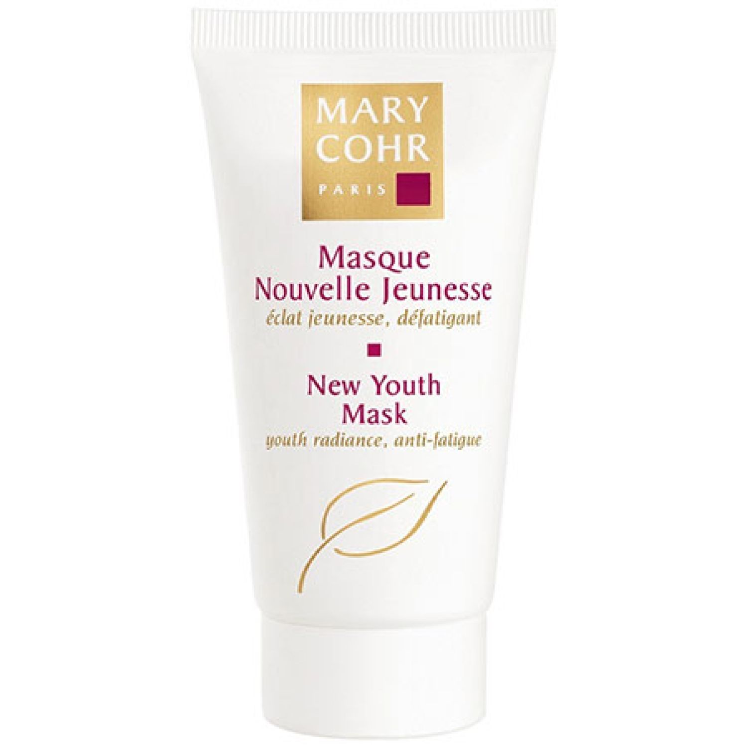 Creme-Tube mit Produktnamen und Markennamen. Text: Masque Nouvelle Jeunesse, New Youth Mask. Goldfarbenes Logo.