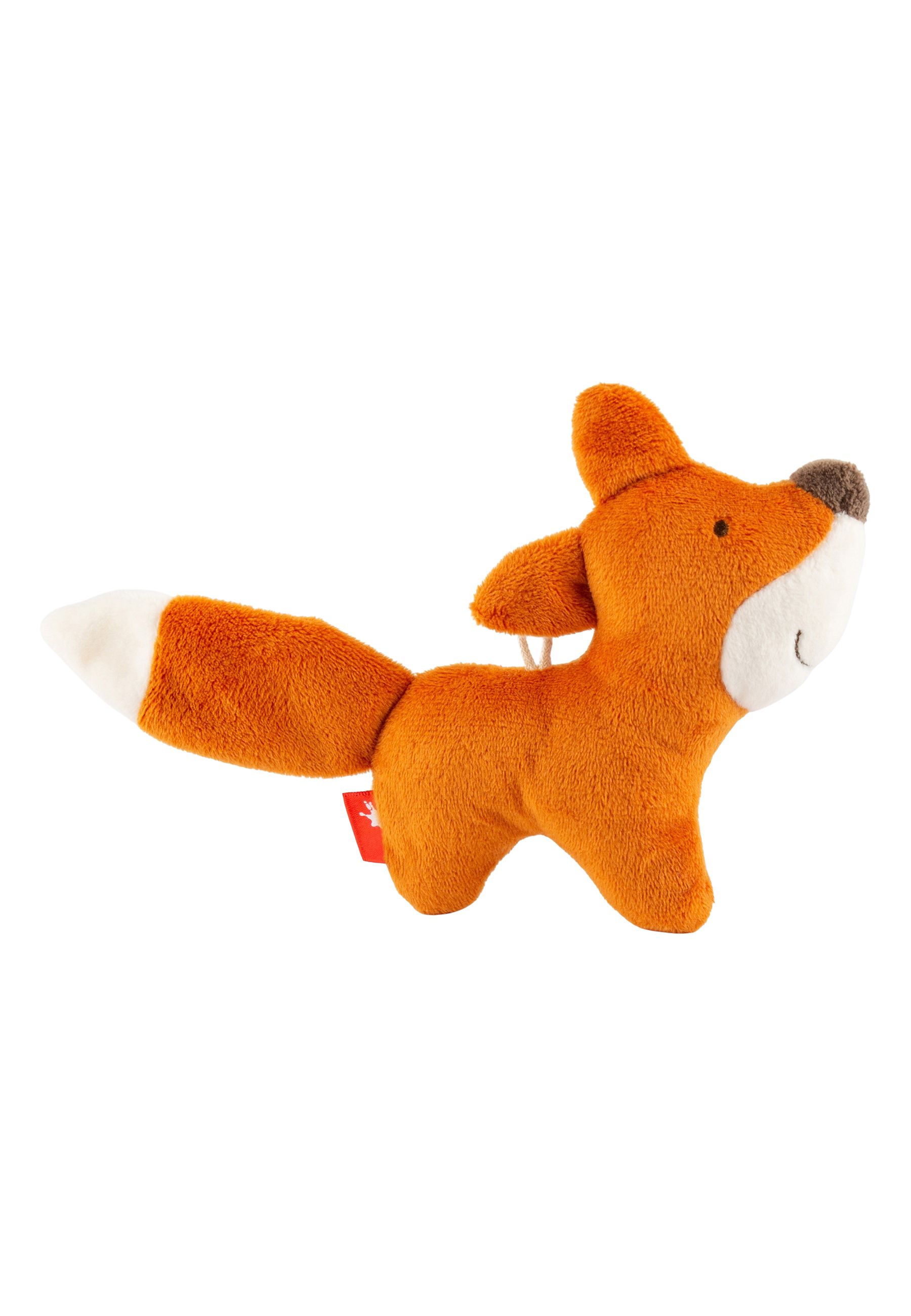 Orangefarbener Stofffuchs mit weißem Bauch und Schwanzspitze. Rotes Etikett mit "sigikid"-Logo. Aufhängeschlaufe.