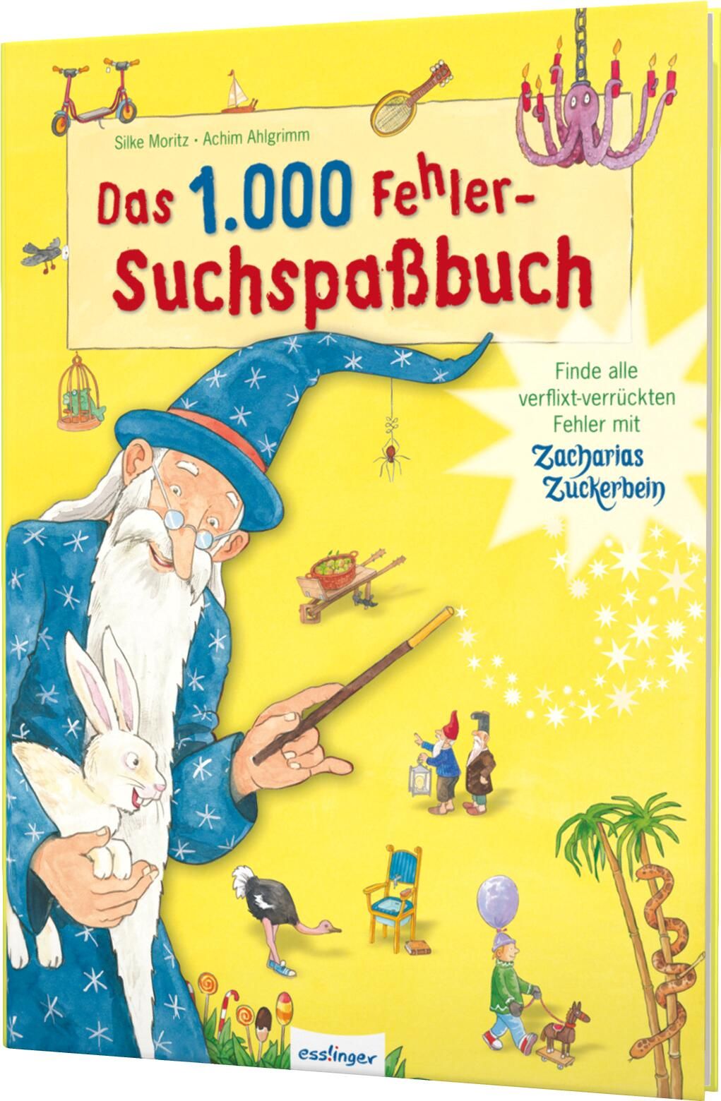 Buchcover mit Titel "Das 1.000 Fehler-Suchspaßbuch". Illustrationen: Zauberer, Hase, diverse Objekte. Gelber Hintergrund.