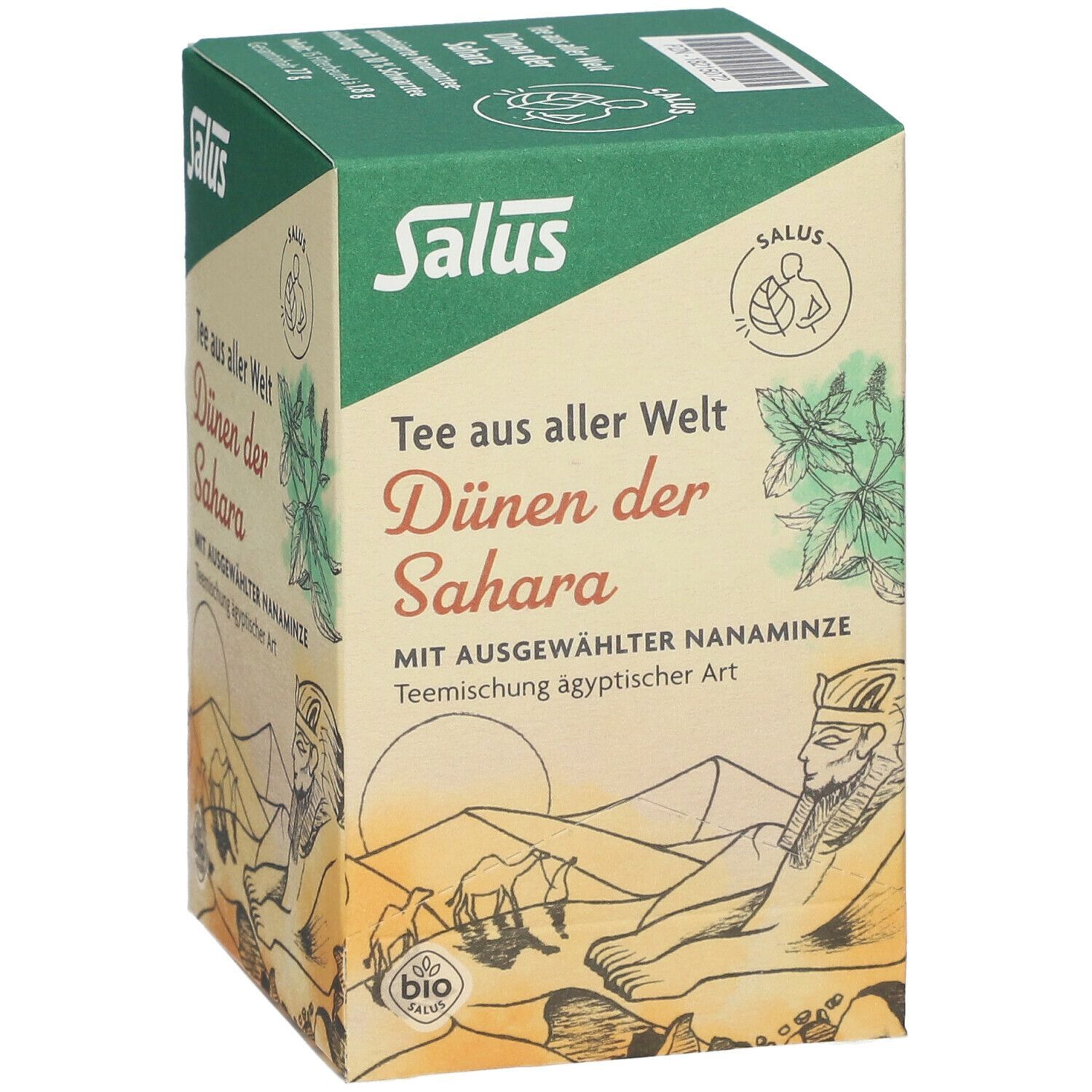 Karton Salus Dünen der Sahara Tee. Vorderseite: Logo, Produktname, Illustration Wüste und Pharao, Bio-Siegel.