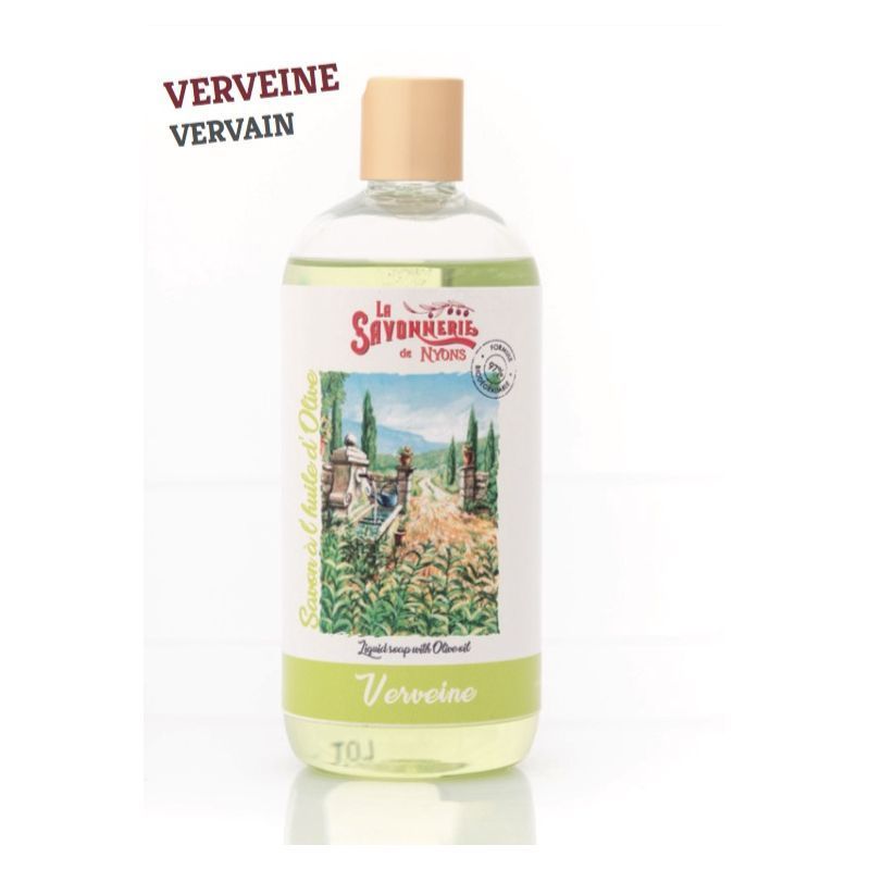 Flüssigseife-Nachfüllung mit grünem Etikett. Aufschrift: La Savonnerie de Nyons, Verveine. Abbildung einer Landschaft. Mit Olivenöl.