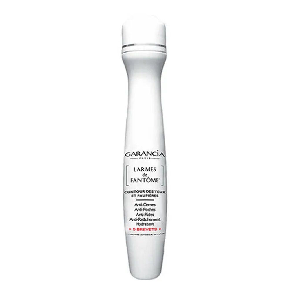 Weißer Roll-On mit Aufschrift: Larmes de Fantôme, Garancia. Produktinformationen und 5 Patente.