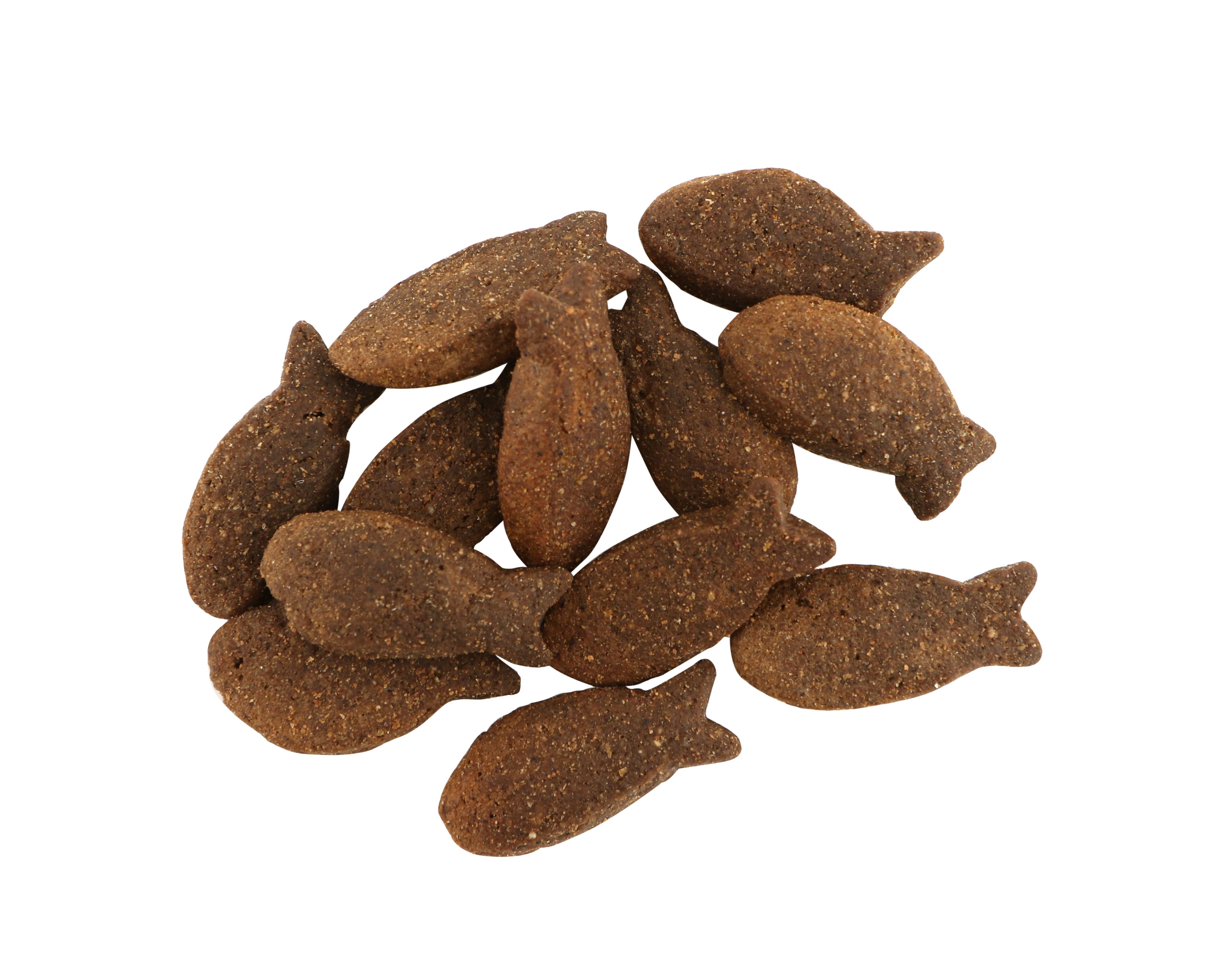 Haufen von braunen, fischförmigen Hundesnacks. Keine Verpackung sichtbar.