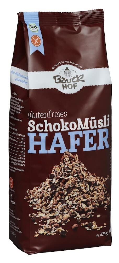 Bauckhof glutenfreies Schoko Müsli Hafer, 425g Packung mit Nährwertangaben und Bio-Siegel.
