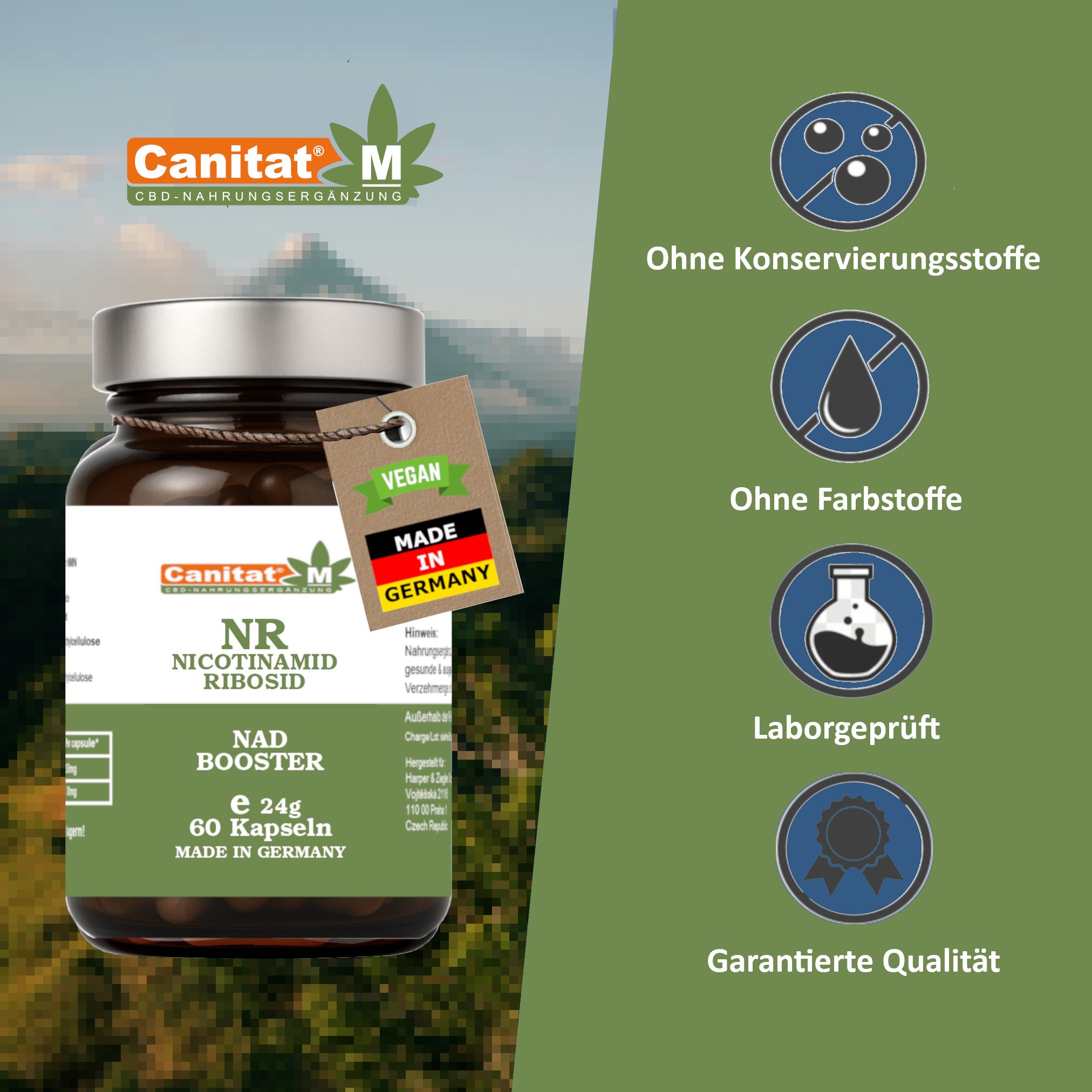 Braune Glasflasche mit Kapseln. Etikett mit Produktinformationen. Vegan, Made in Germany. Text: NR Kapseln, NAD BOOSTER. Symbole: Ohne Konservierungsstoffe.