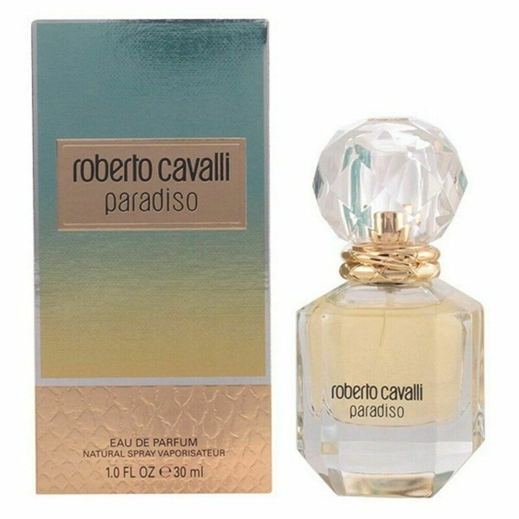 Parfümflakon und Verpackung. Flakon mit facettiertem Deckel und goldfarbenem Hals. Aufschrift: Roberto Cavalli Paradiso.