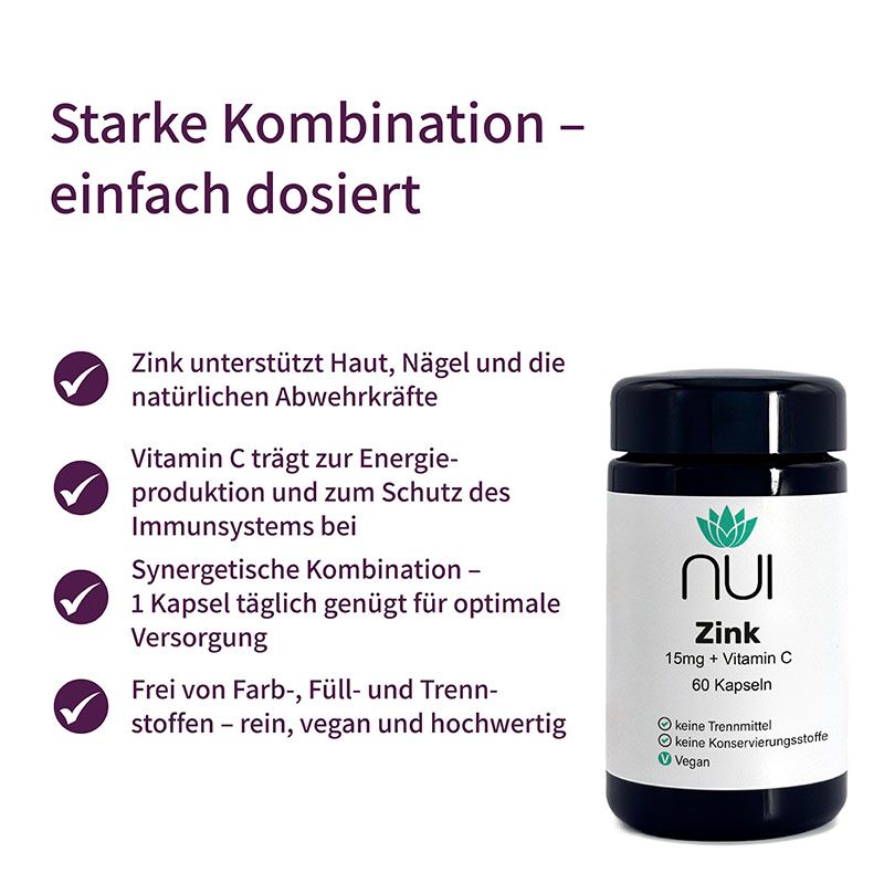 Dunkelblaue Flasche mit weißem Etikett. Aufschrift: NUI, Zink, 15mg + Vitamin C, 60 Kapseln. Text: Zink, Vitamin C, vegan.