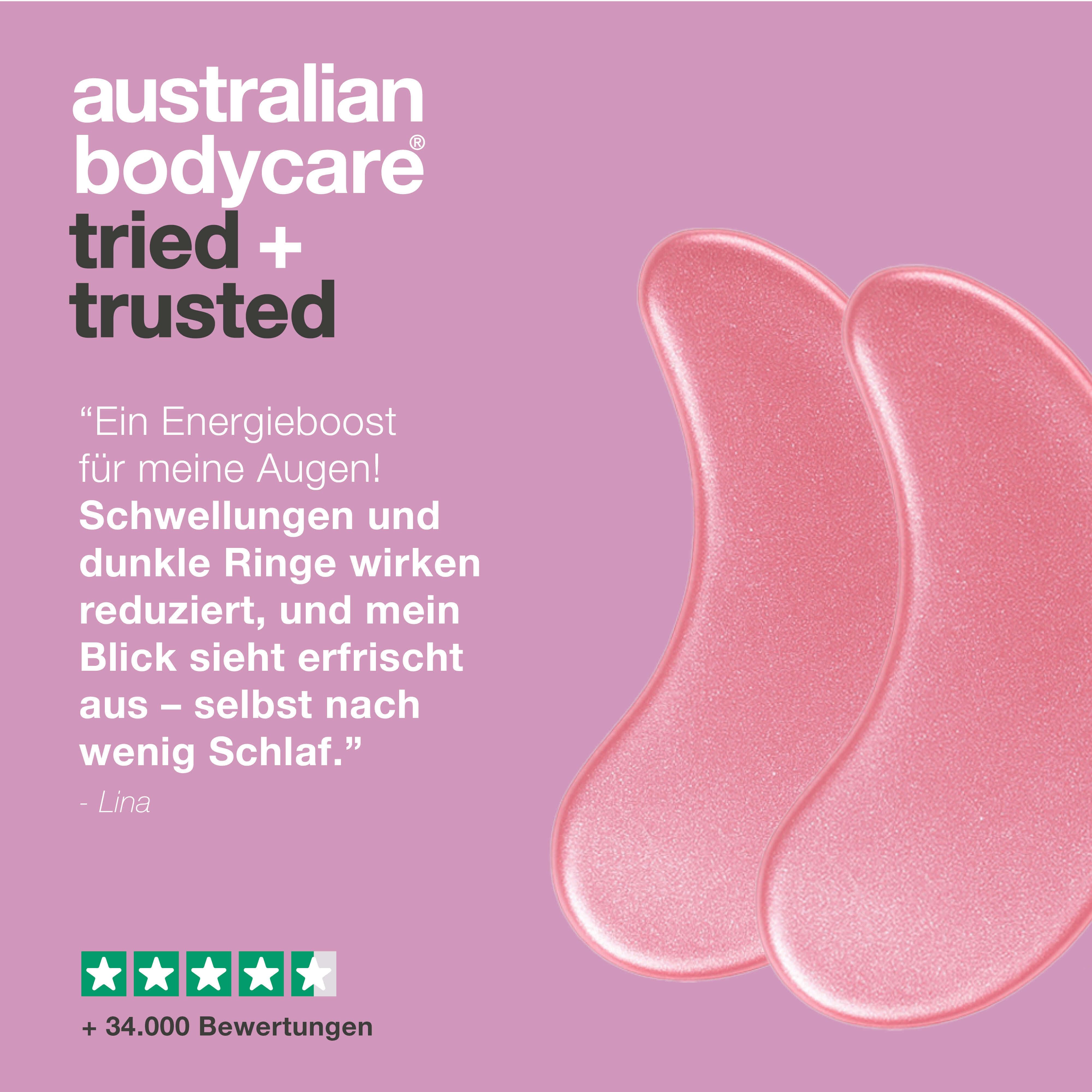 Zwei rosa Augenpads. Text: Australian Bodycare, tried + trusted. Zitat und 5-Sterne-Bewertung.