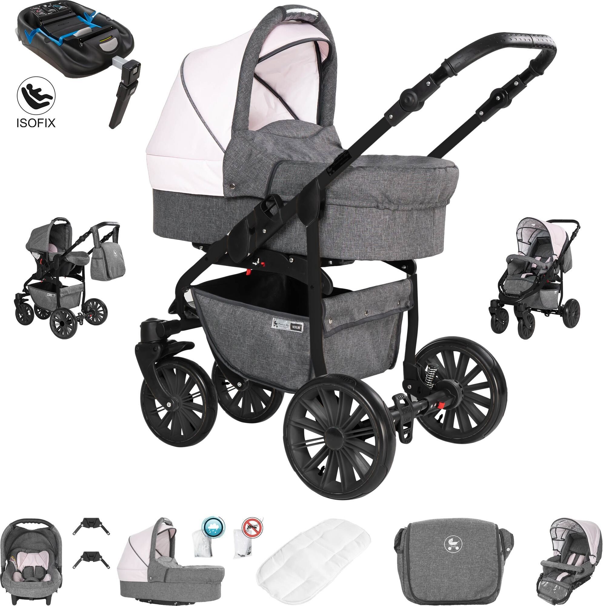 Friedrich Hugo Berlin 4 in 1 Kinderwagen & Isofix GEL Reifen, Grey and Light Rose Night