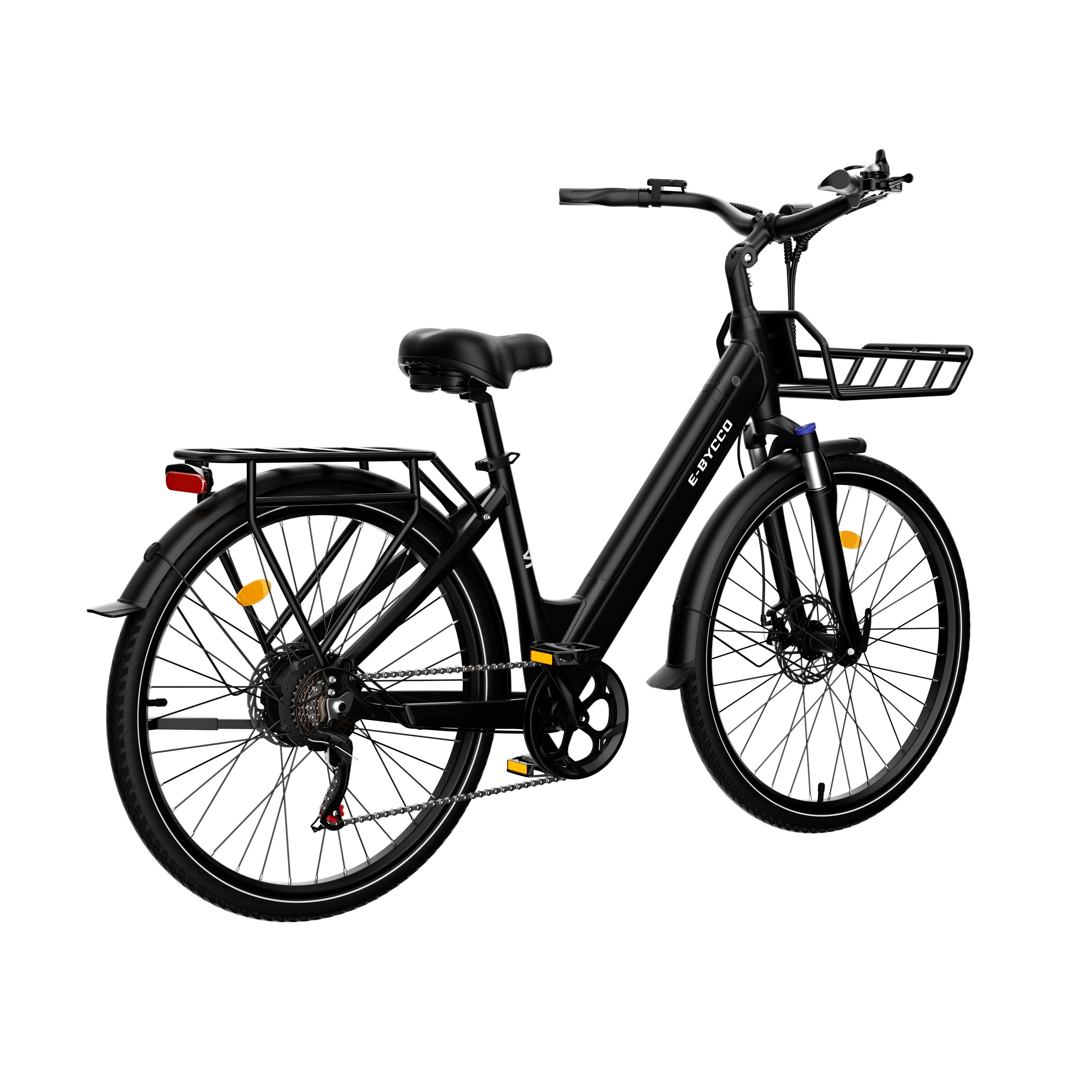 Schwarzes E-Bike mit Korb und Gepäckträger. Marke E-BYCCO.