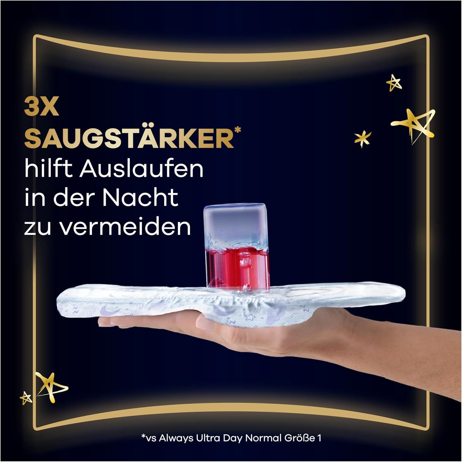 Damenbinde mit Flüssigkeitstest. Text: 3x saugstärker hilft Auslaufen in der Nacht zu vermeiden.