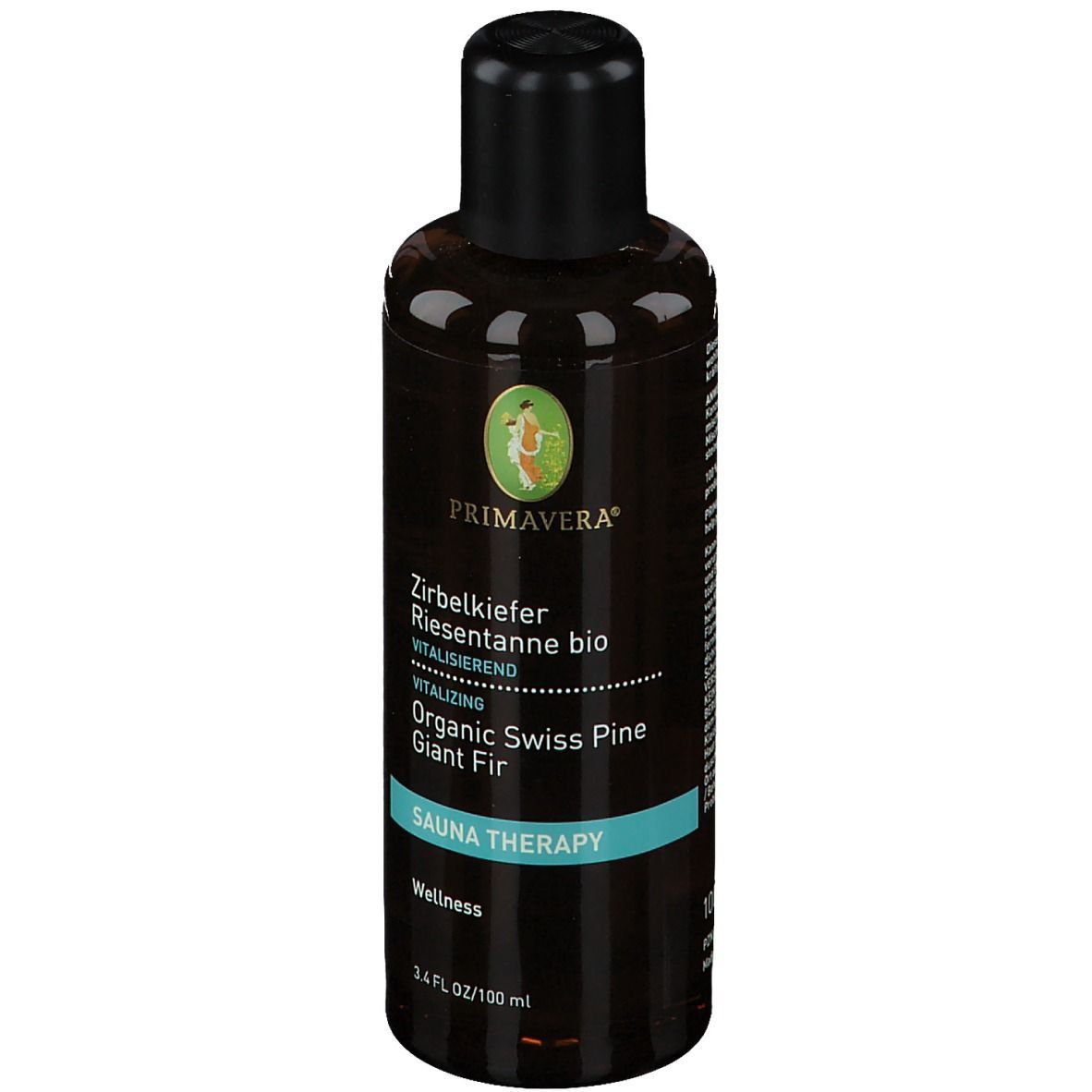 Braune Glasflasche mit schwarzem Deckel. Beschriftung: PRIMAVERA, Zirbelkiefer Riesentanne bio, Organic Swiss Pine Giant Fir, Sauna Therapy.