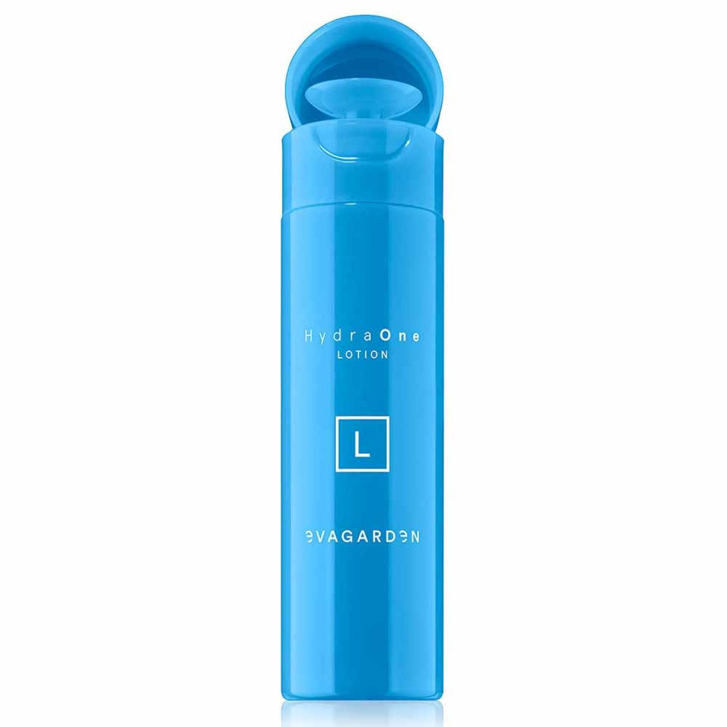 Hellblaue Lotion-Flasche mit offenem Deckel. Aufschrift: HydraOne Lotion, Logo L, 9VAGARD3N.
