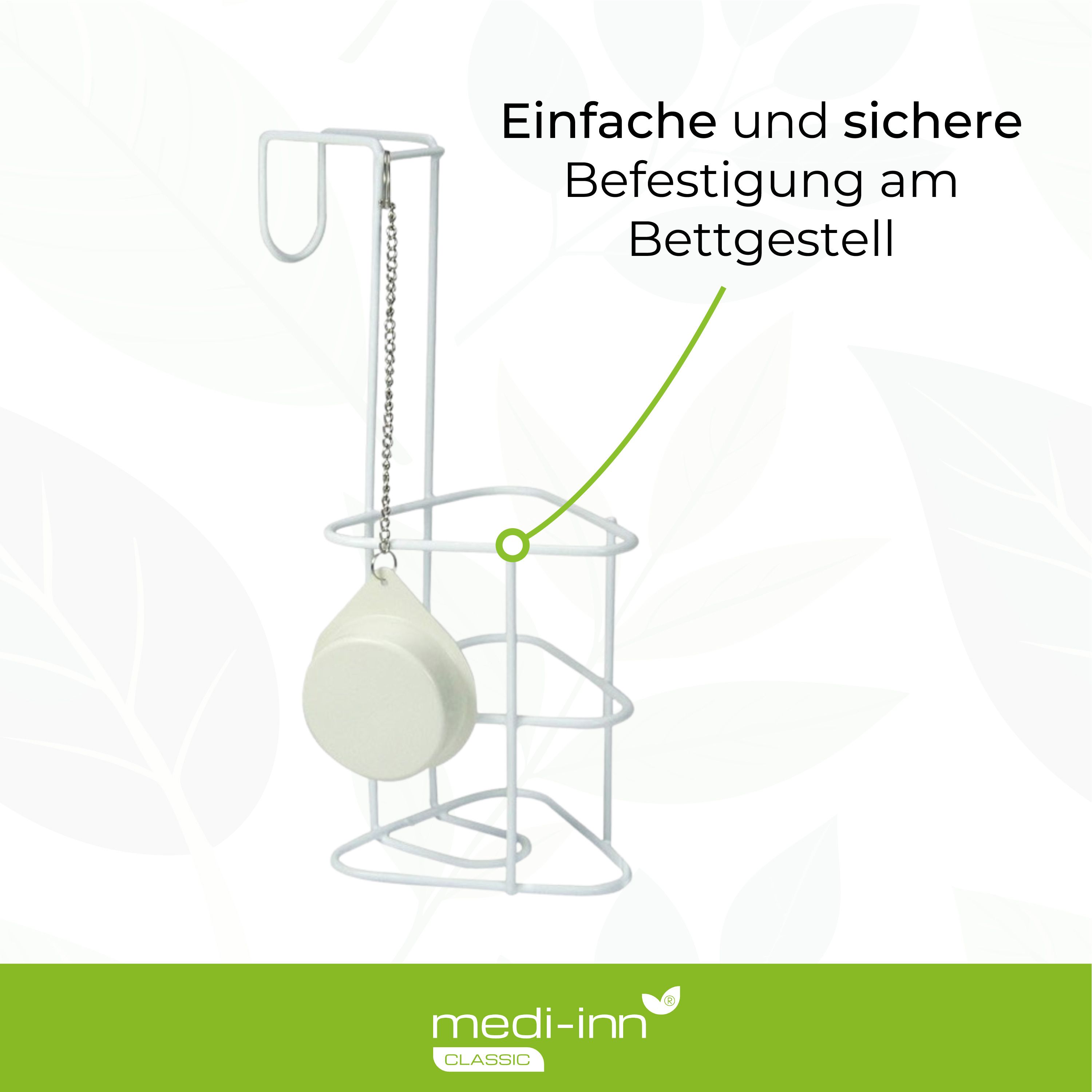 Halterung für Urinflasche. Beschriftung: Einfache und sichere Befestigung am Bettgestell. Logo: medi-inn CLASSIC.