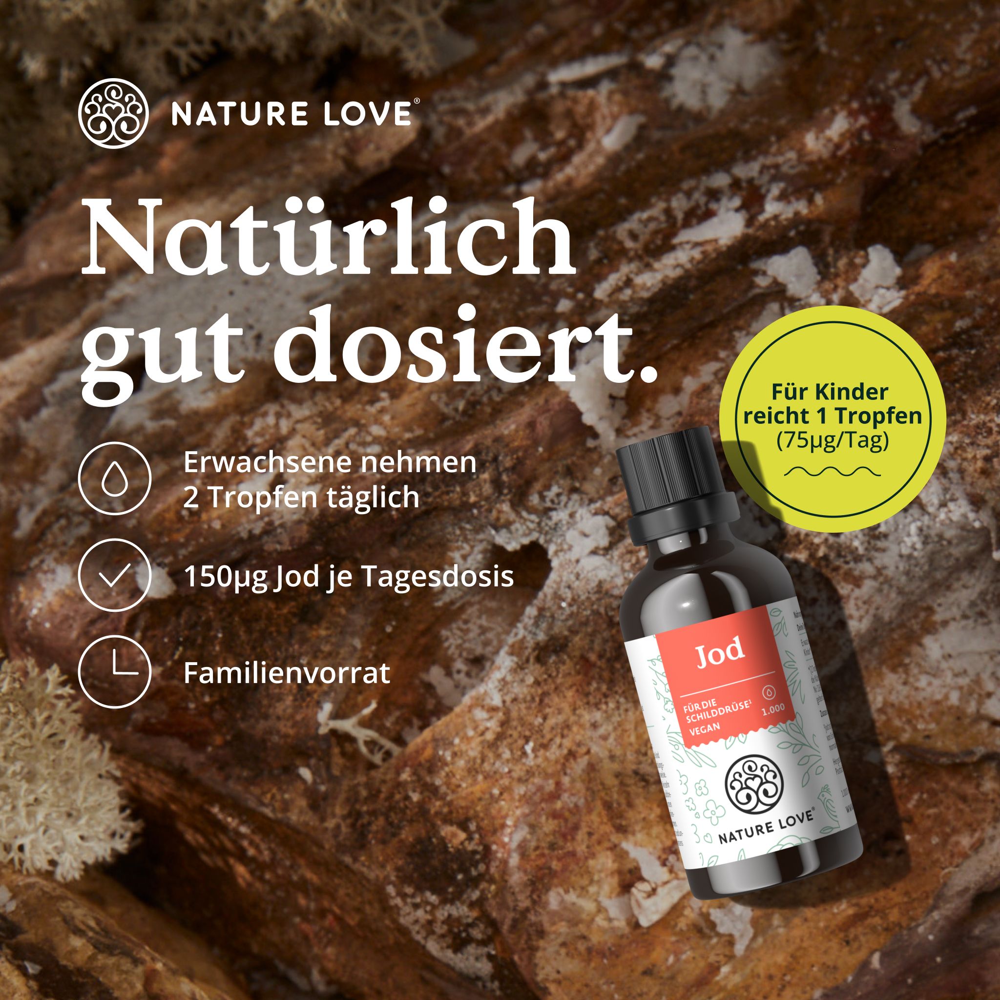 NATURE LOVE® Jod Tropfen - 150µg 50ml - alkoholfrei und vegan - geschmacksneutral