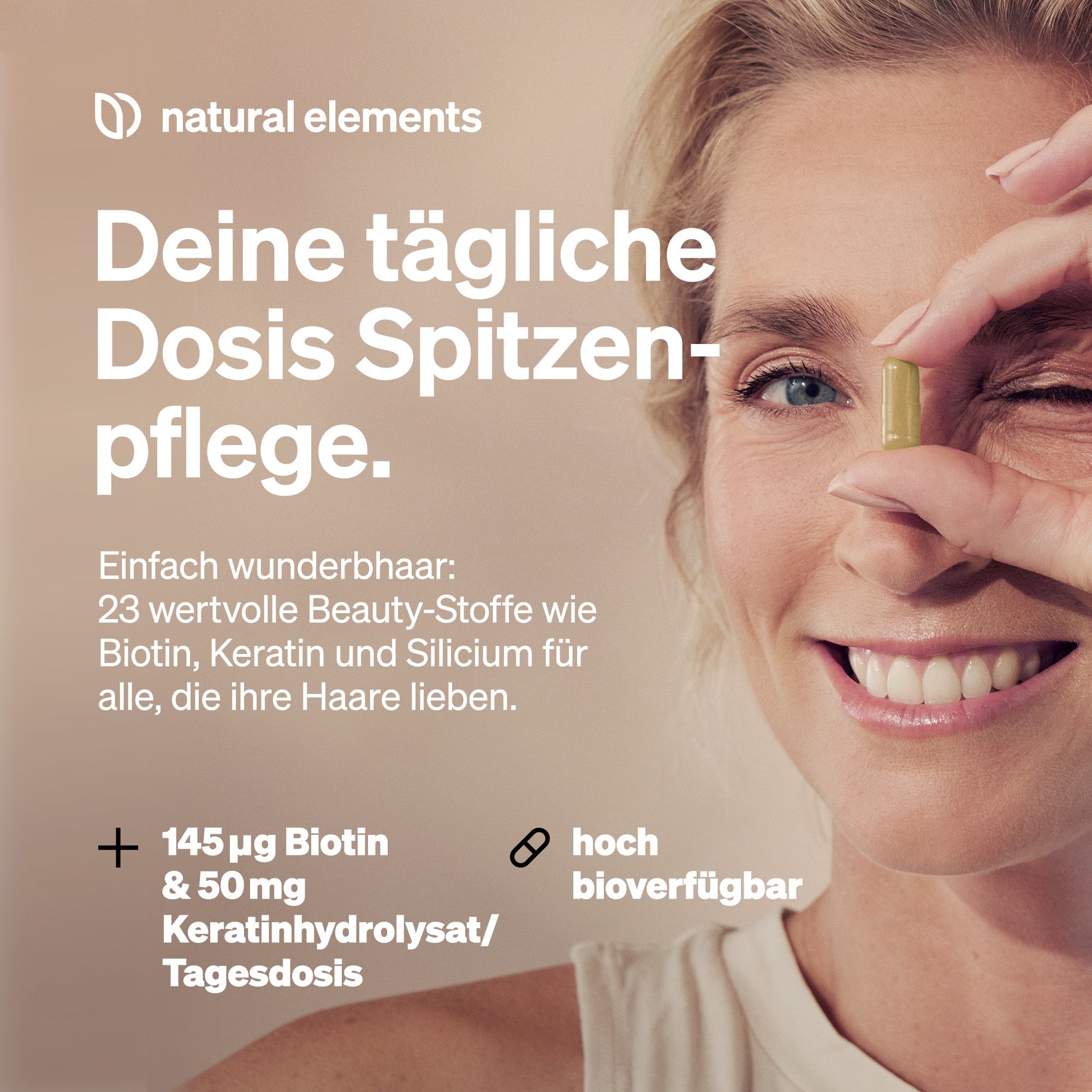 natural elements Haar Vitamine – 180 Kapseln mit Keratinhydrolysat, Biotin, Selen, Zink & mehr