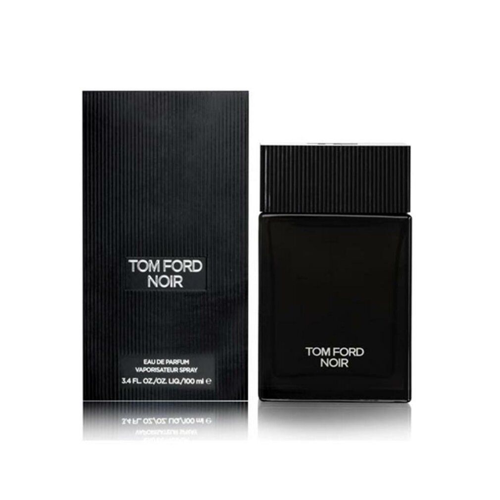 Schwarzer Flakon und Verpackung. Aufschrift TOM FORD NOIR in Weiß. Text auf der Verpackung.