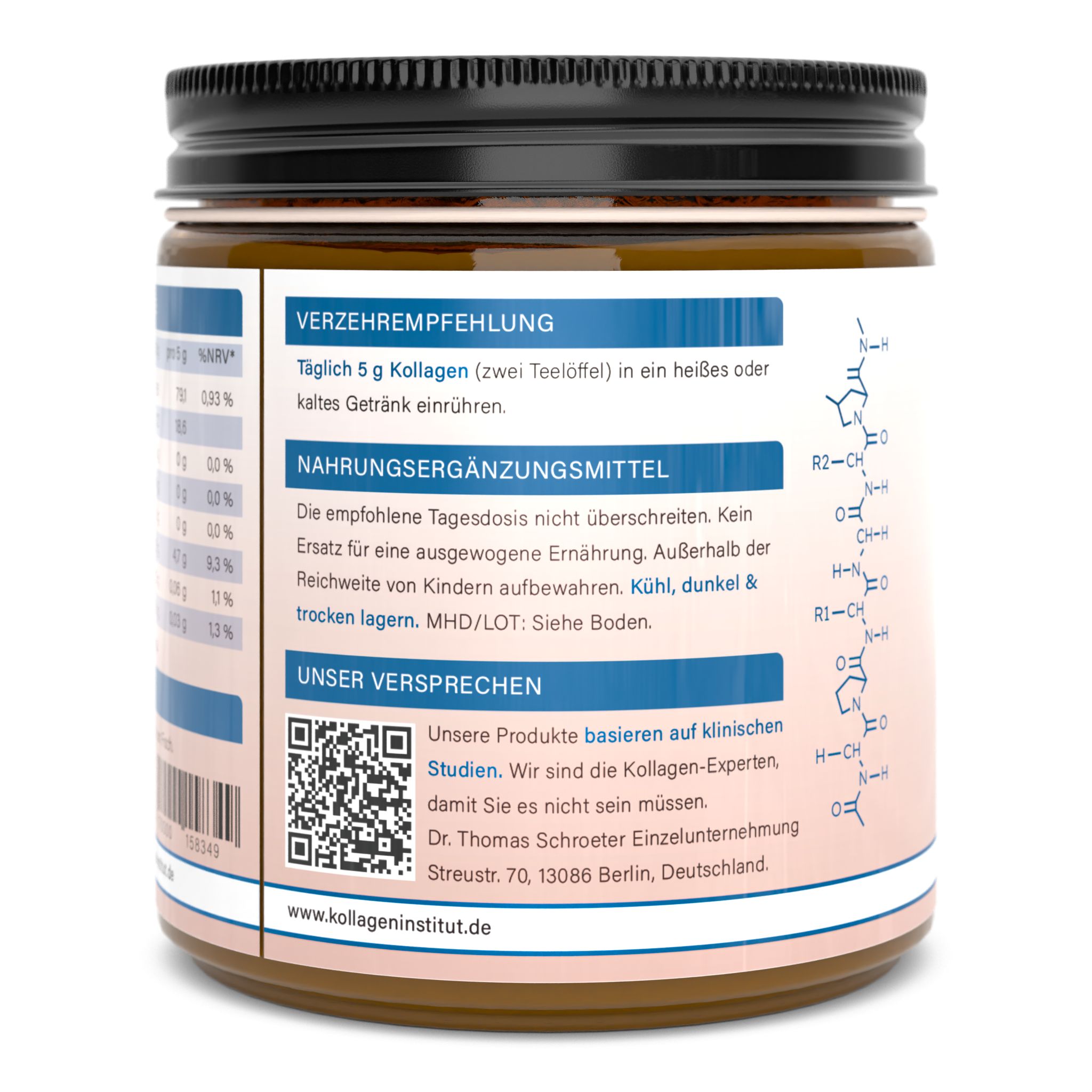Rückseite einer Dose. Verzehrempfehlung, Nährwertangaben, QR-Code, Kontaktinformationen und Website-Adresse.