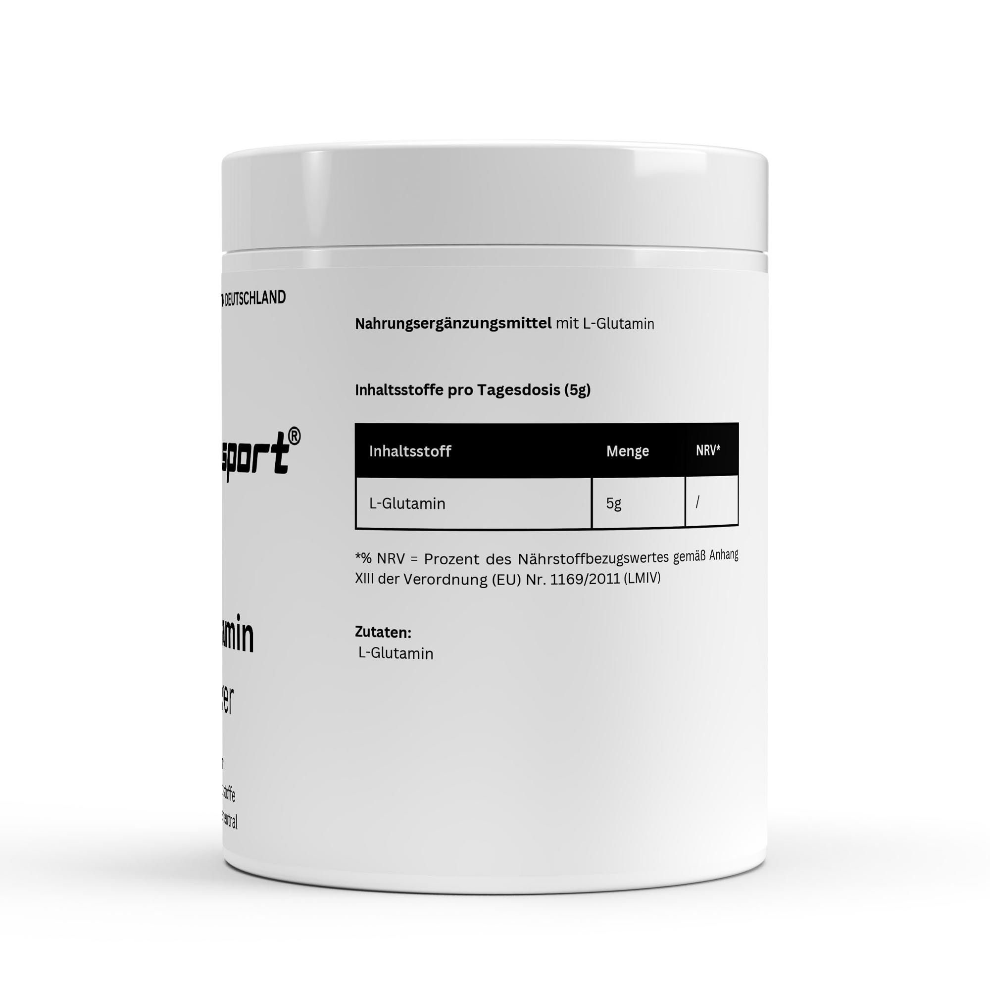 Weißer Behälter mit L-Glutamin. Aufschrift: health&sport, Nährwerttabelle mit L-Glutamin, 5g pro Tagesdosis.