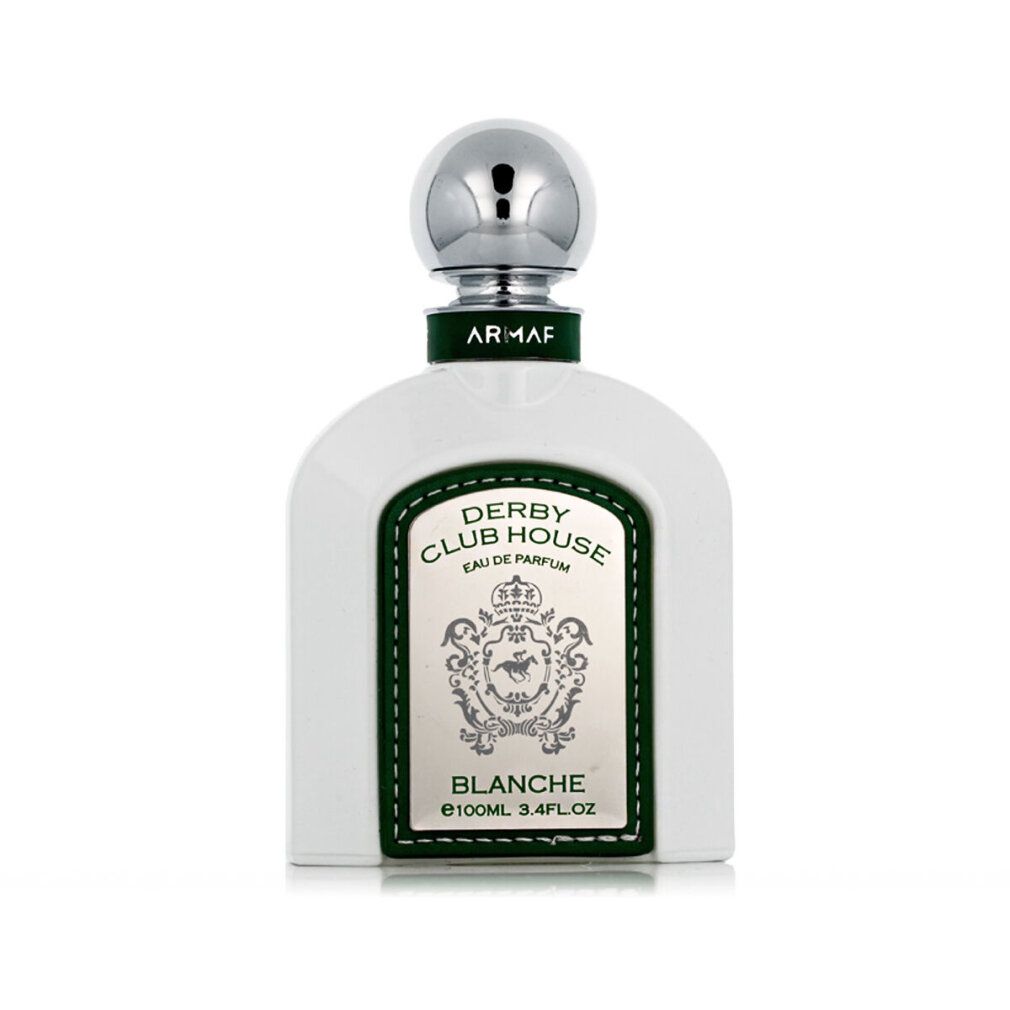 Weiße Flasche mit silbernem Deckel. Grünes Etikett mit Logo und Schriftzug: DERBY CLUB HOUSE, BLANCHE, ARMAF.
