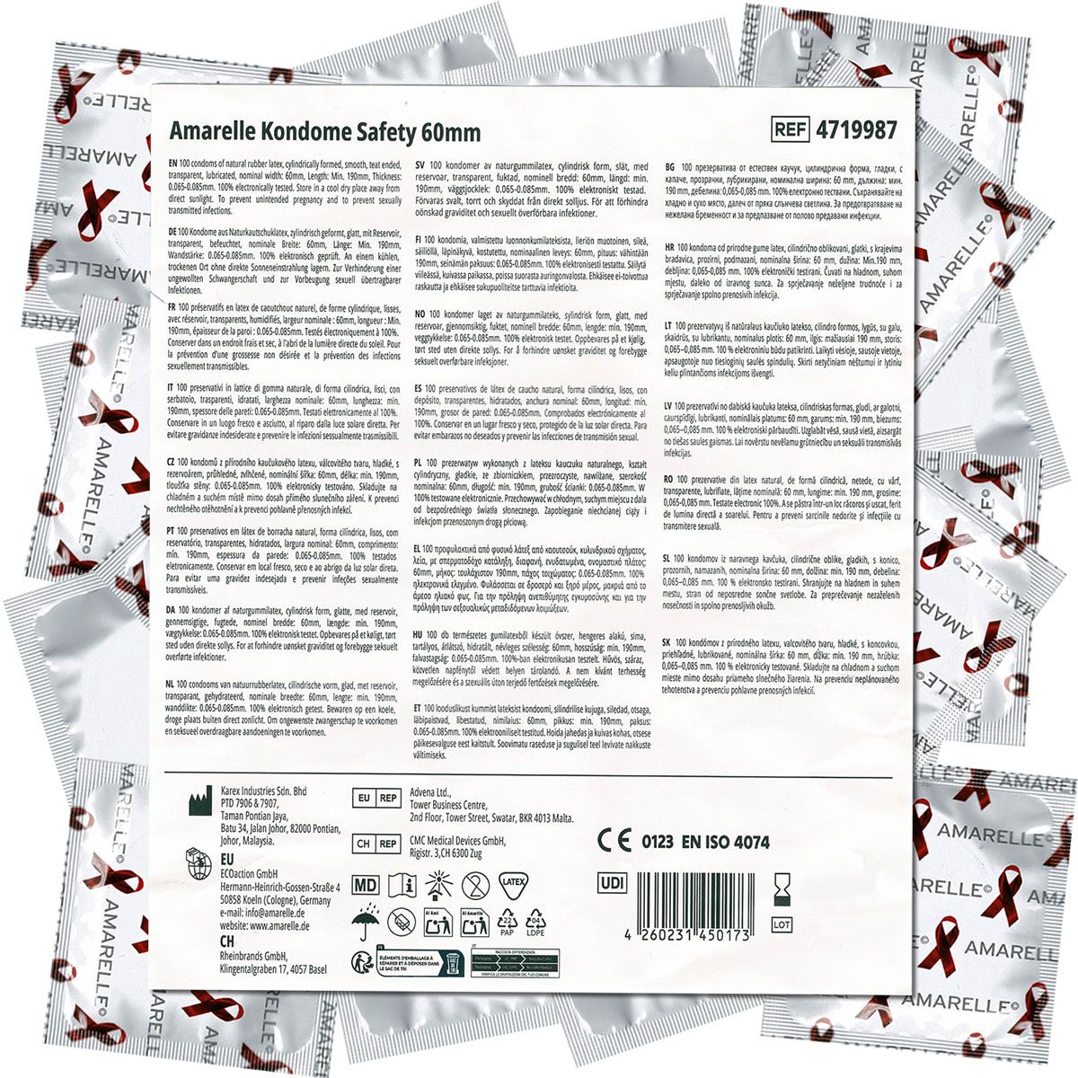 Kondompackungen mit rotem Bandmuster. Aufschrift: Amarelle Kondome Safety 60mm. REF 4719987.