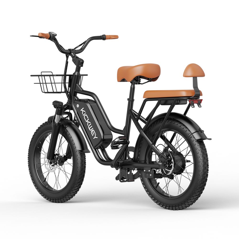 Schwarzes E-Bike mit braunem Sattel und Korb. Akku mit KICKWEY-Logo. Rückansicht.