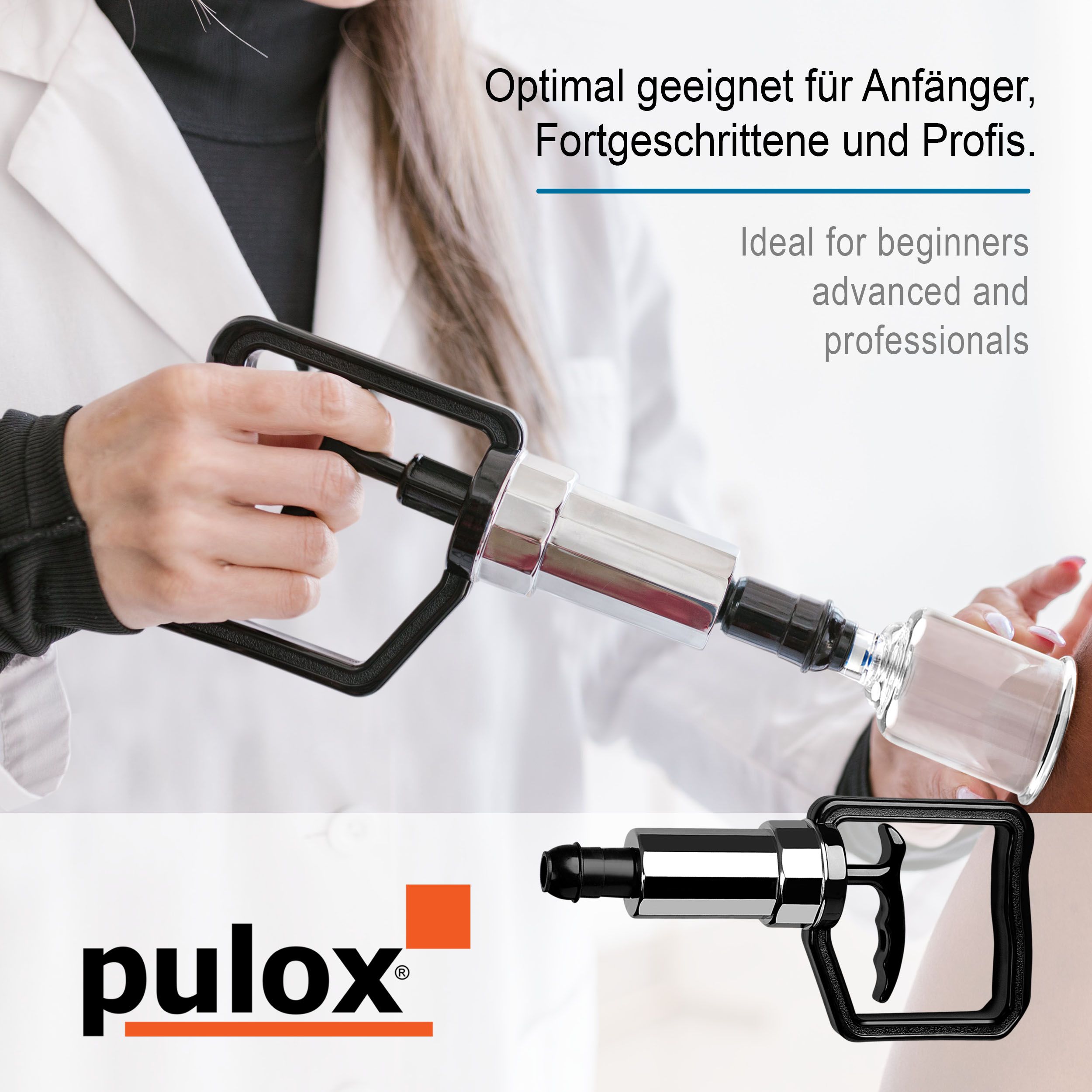 Vakuumpumpe mit pulox Logo. Schwarzer Griff, silberner Zylinder. Ideal für Anfänger, Fortgeschrittene und Profis.